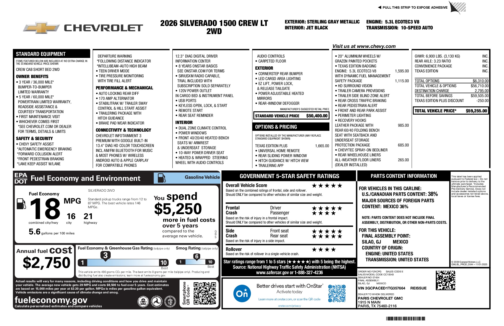 2026 Chevrolet Silverado 1500 LT window sticker