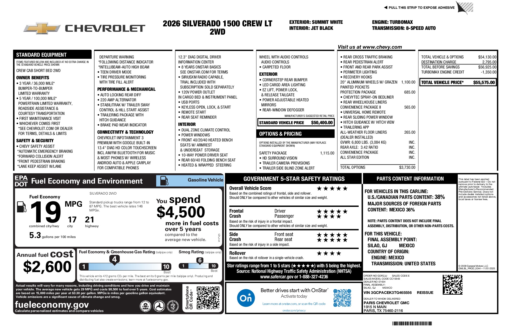 2026 Chevrolet Silverado 1500 LT window sticker