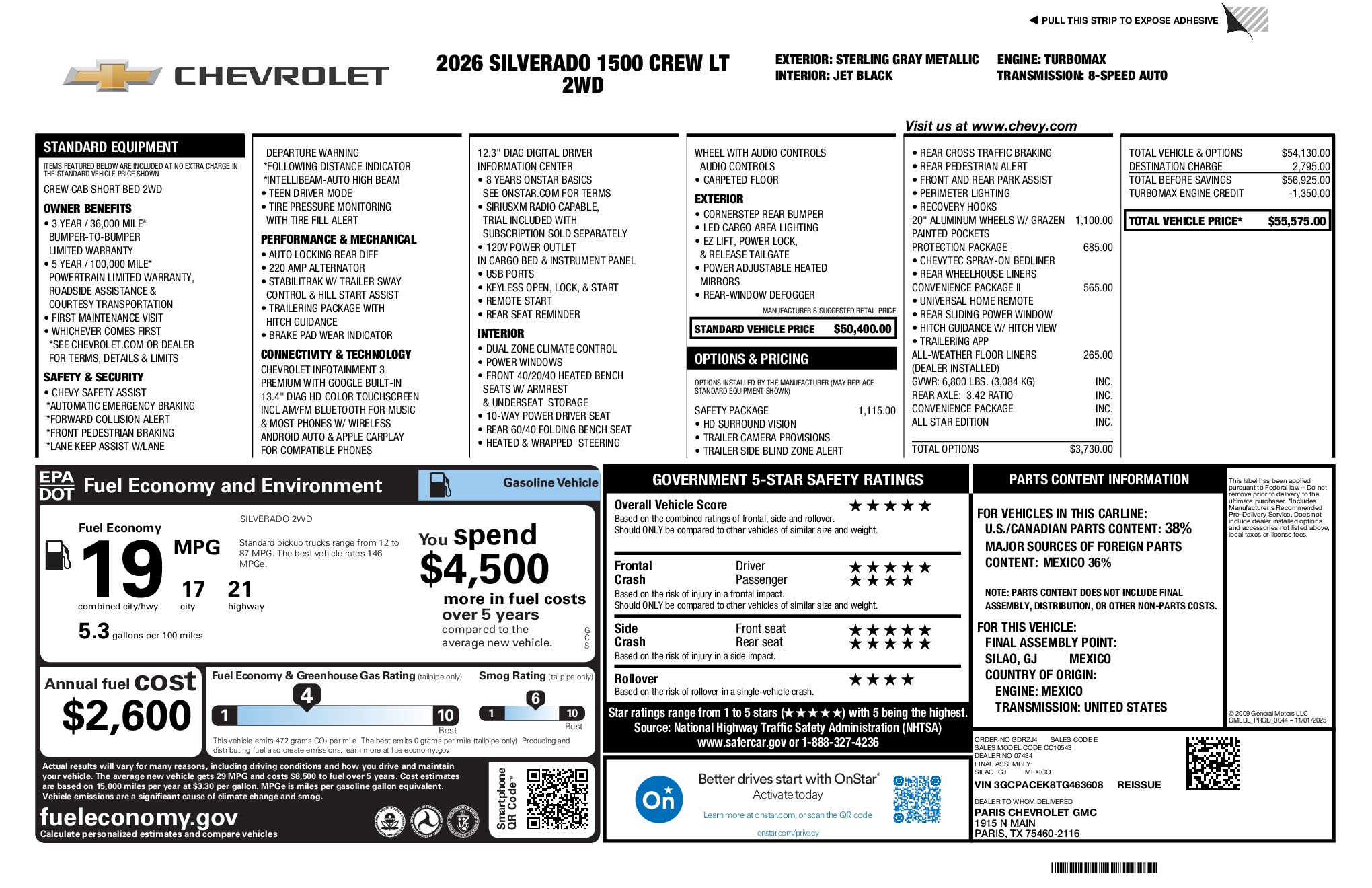 2026 Chevrolet Silverado 1500 LT window sticker