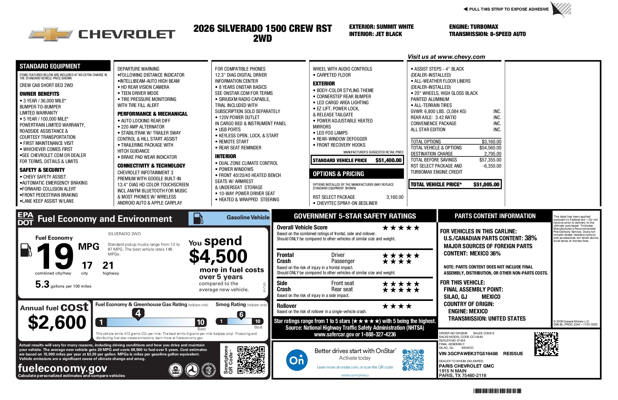 2026 Chevrolet Silverado 1500 RST window sticker