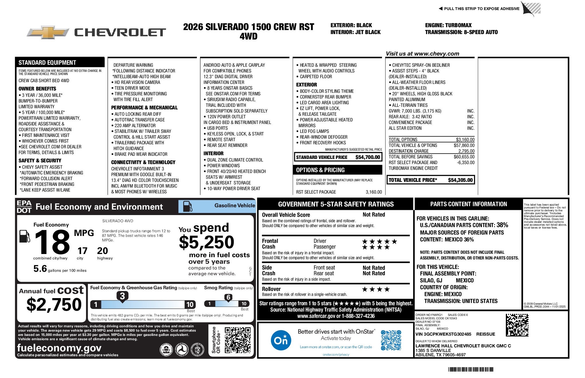 2026 Chevrolet Silverado 1500 RST window sticker