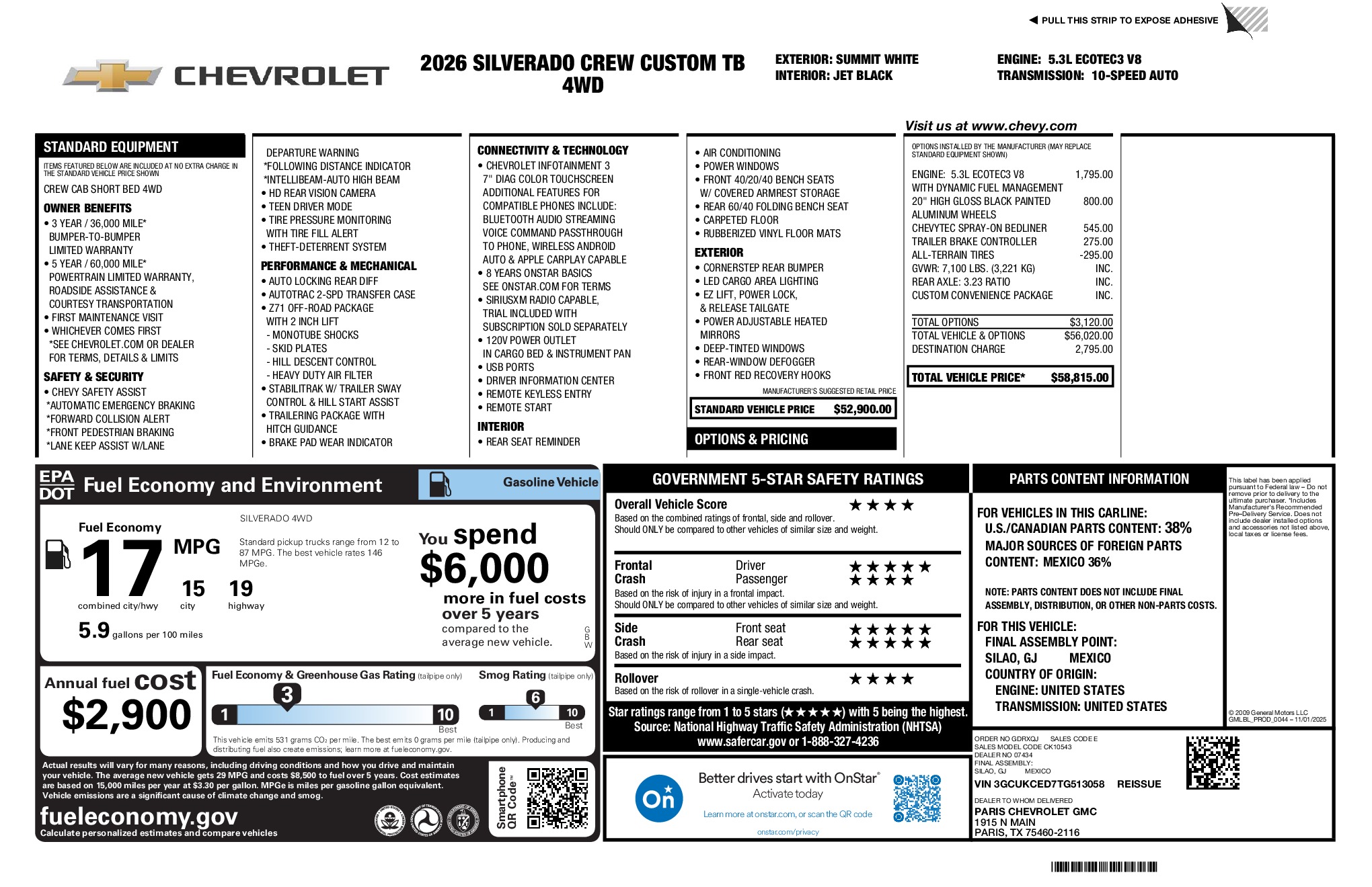 2026 Chevrolet Silverado 1500 Custom Trail Boss window sticker