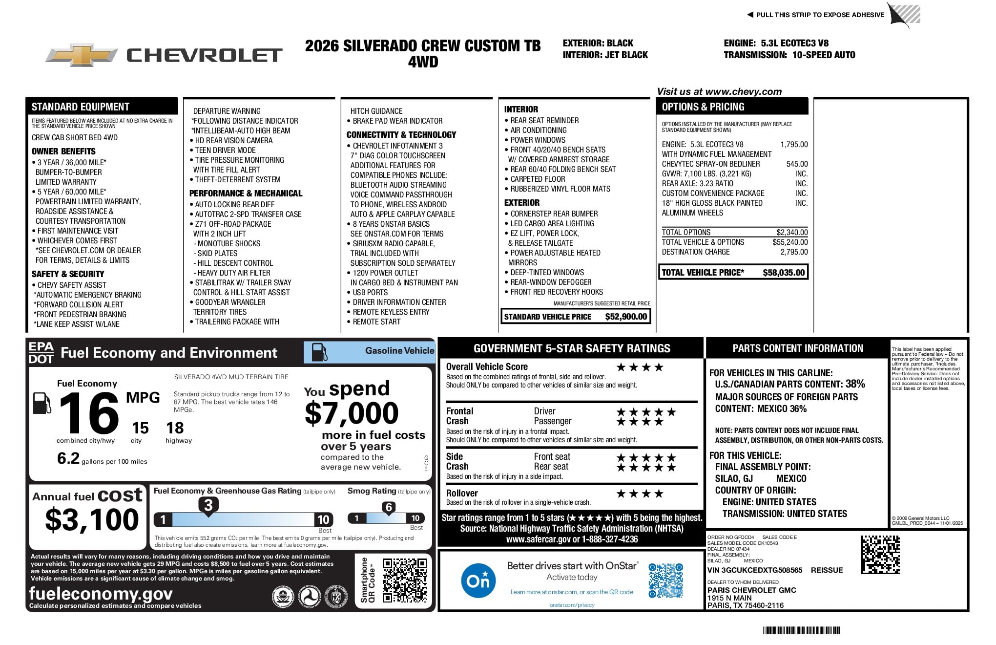2026 Chevrolet Silverado 1500 Custom Trail Boss window sticker