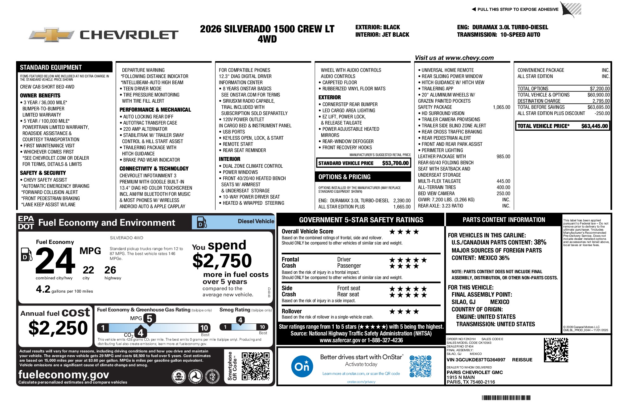 2026 Chevrolet Silverado 1500 LT window sticker