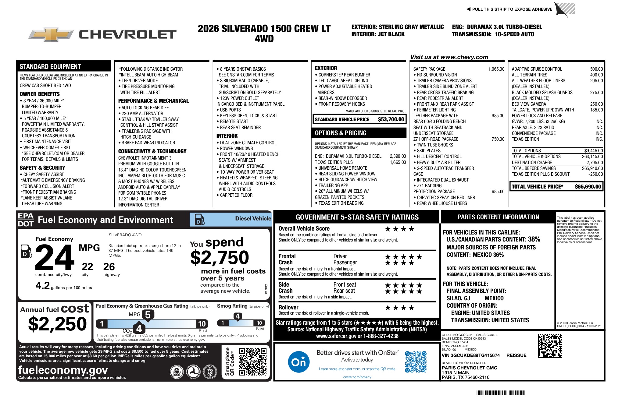 2026 Chevrolet Silverado 1500 LT window sticker