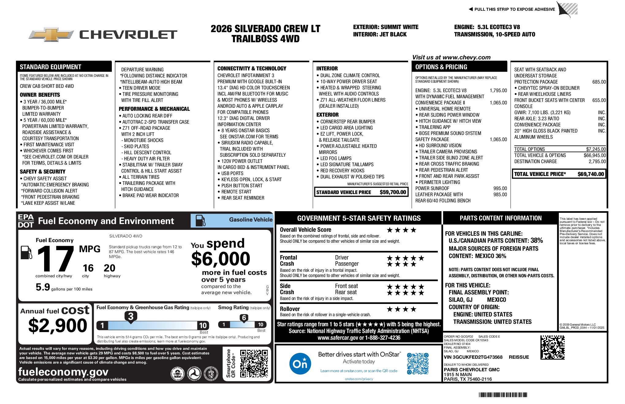 2026 Chevrolet Silverado 1500 LT Trail Boss window sticker