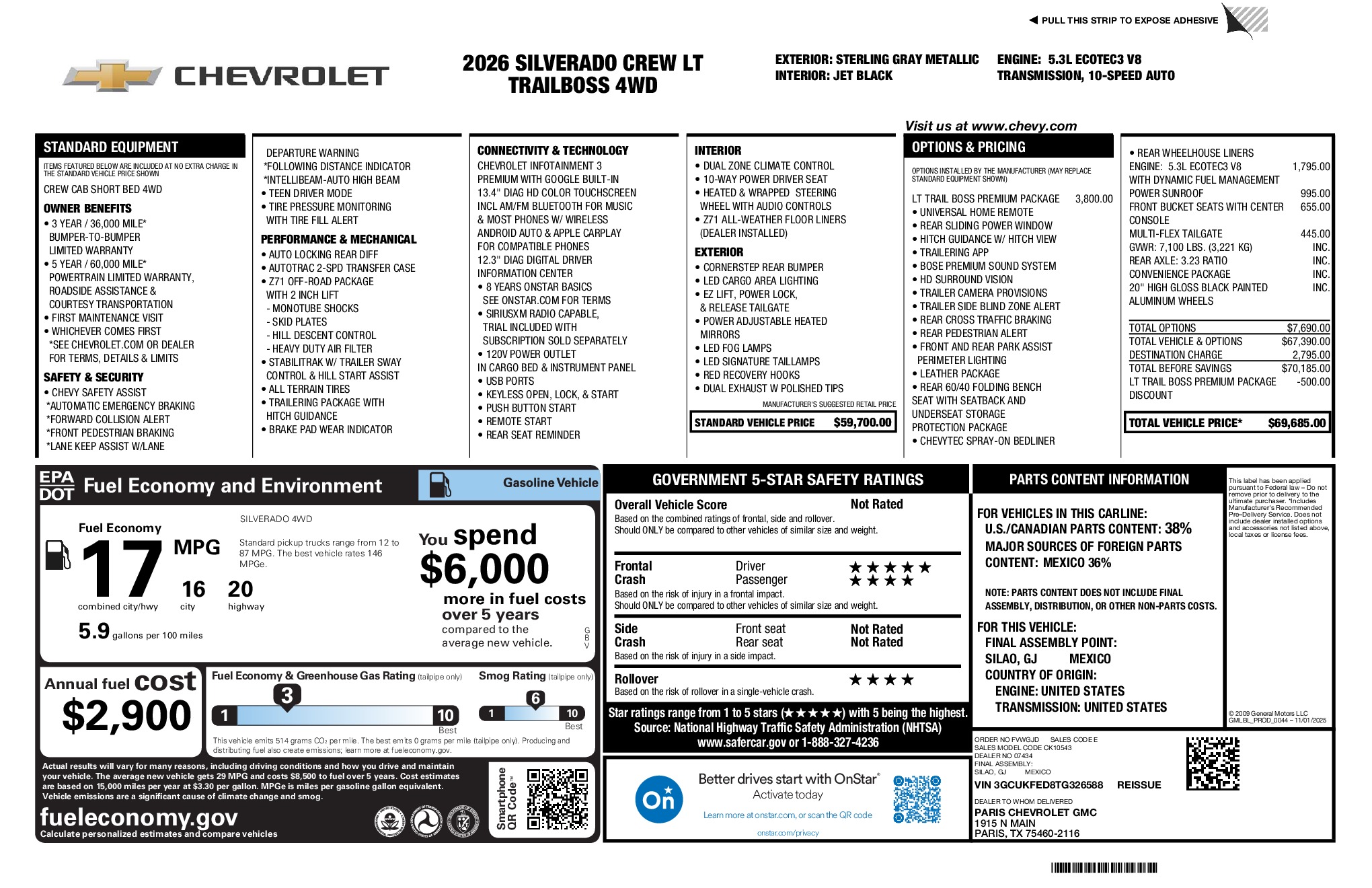 2026 Chevrolet Silverado 1500 LT Trail Boss window sticker
