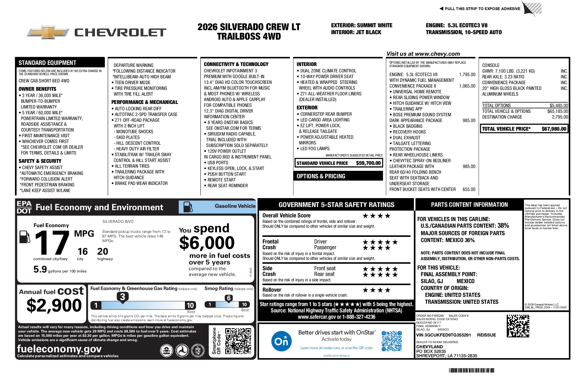 2026 Chevrolet Silverado 1500 LT Trail Boss window sticker