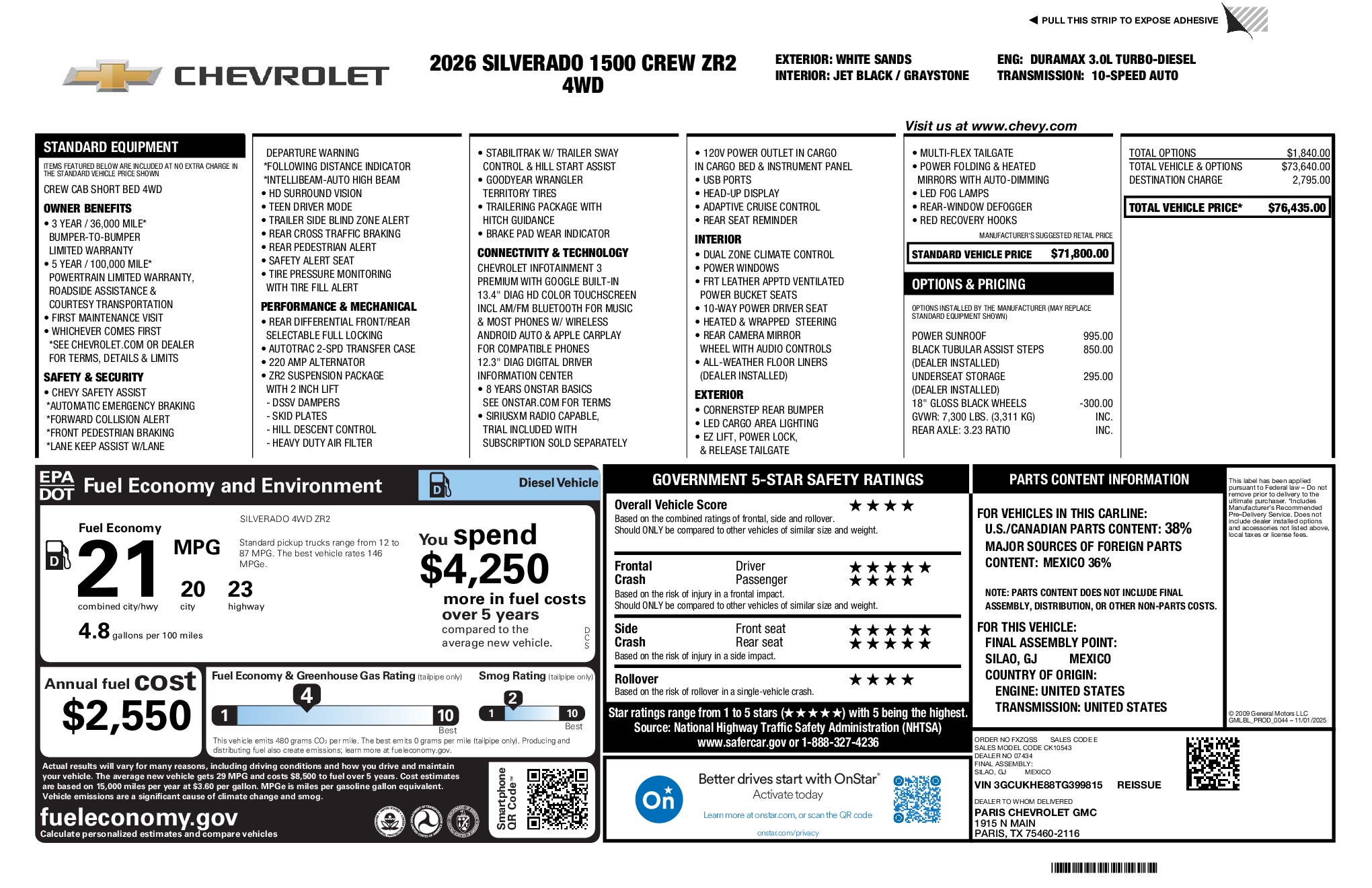 2026 Chevrolet Silverado 1500 ZR2 window sticker