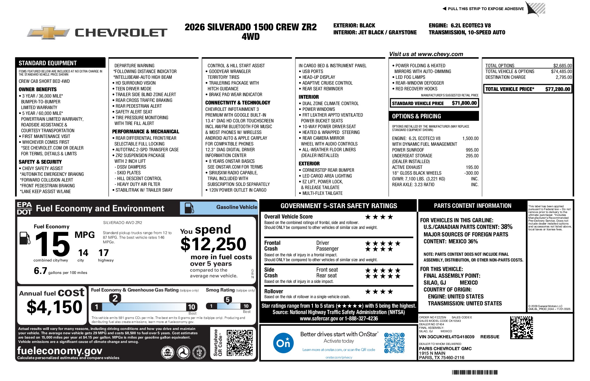 2026 Chevrolet Silverado 1500 ZR2 window sticker