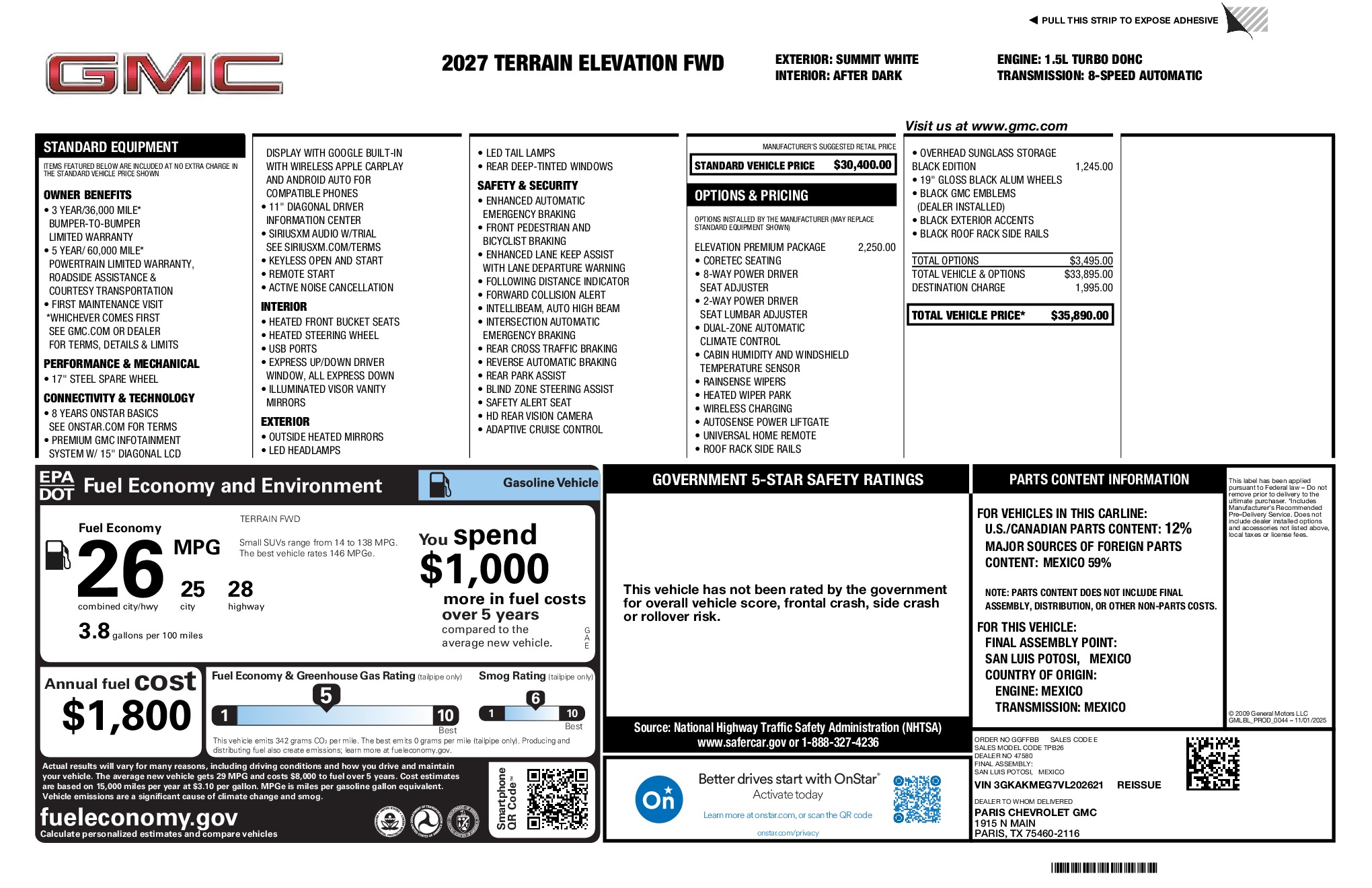 2027 GMC Terrain Elevation window sticker