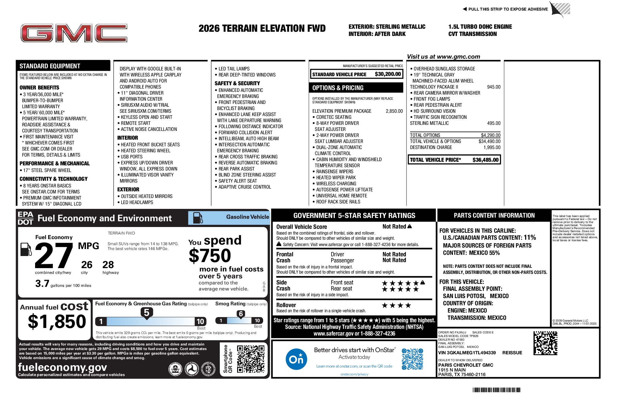 2026 GMC Terrain Elevation window sticker