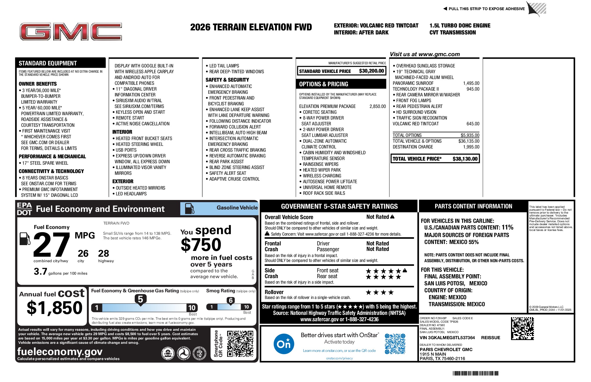 2026 GMC Terrain Elevation window sticker