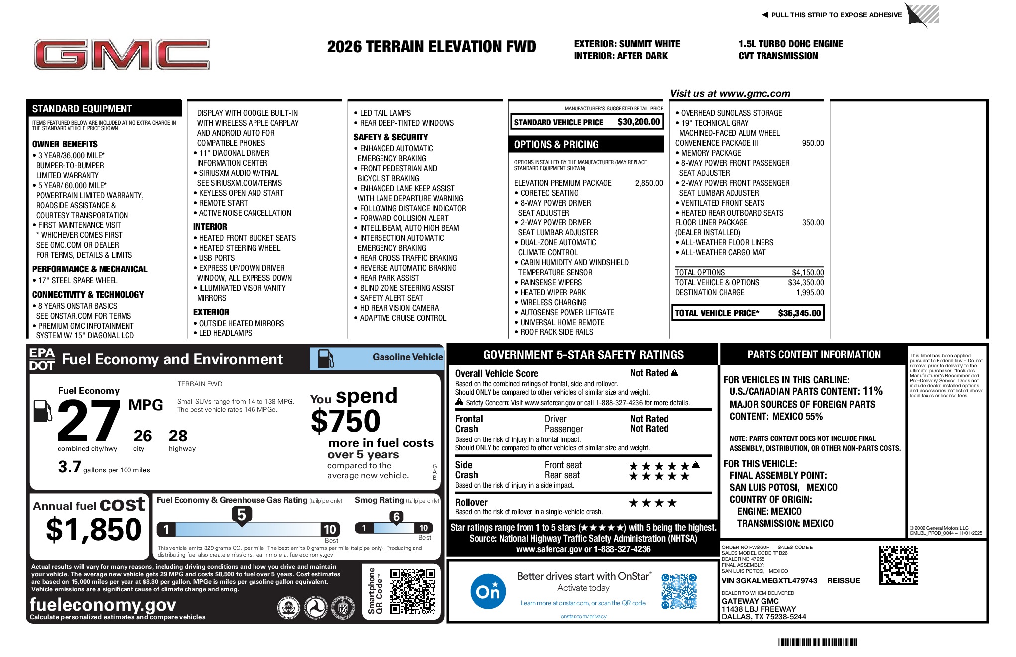 2026 GMC Terrain Elevation window sticker