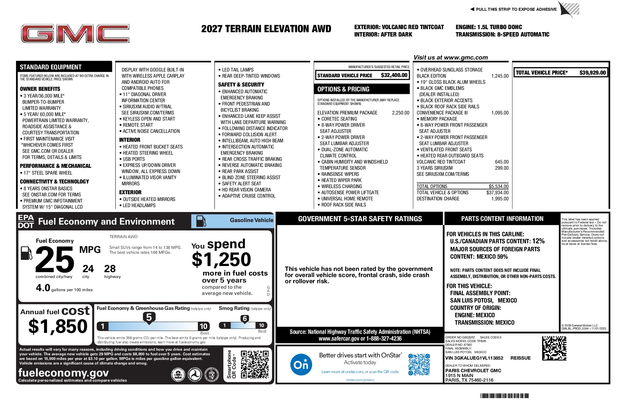 2027 GMC Terrain Elevation window sticker