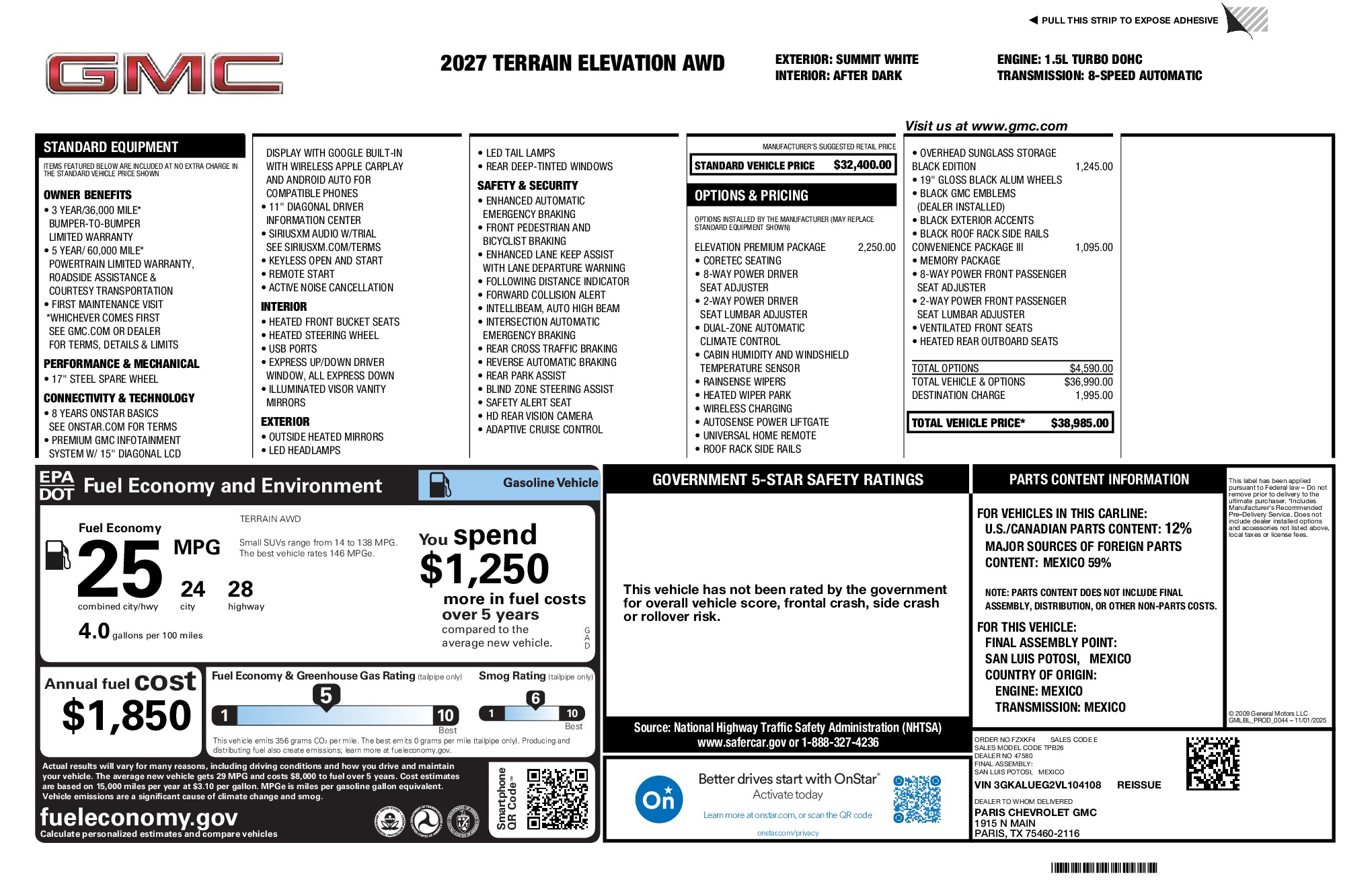 2027 GMC Terrain Elevation window sticker