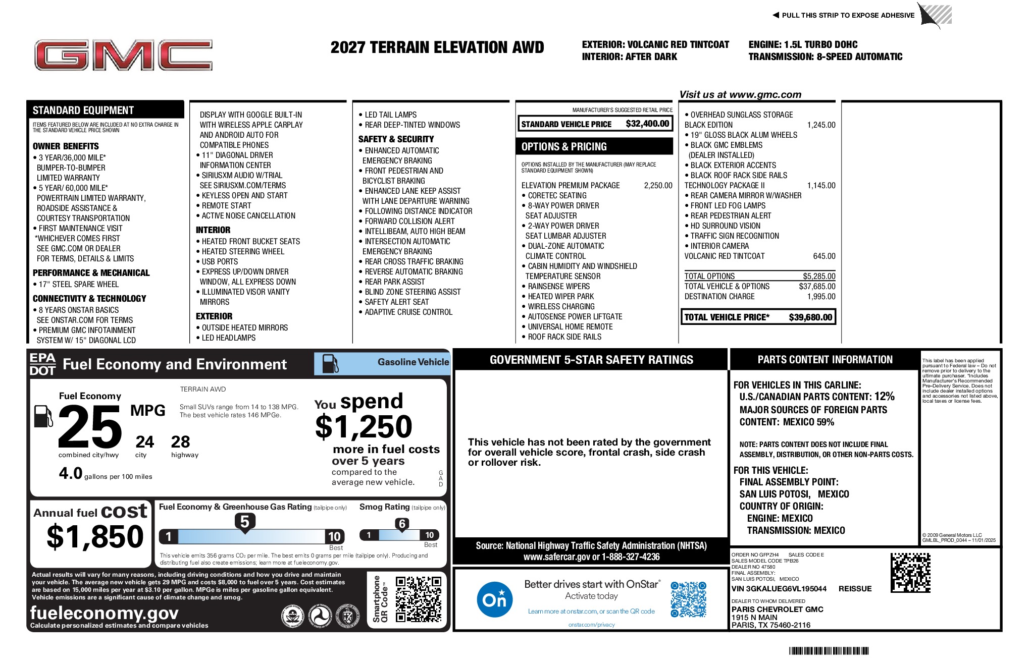 2027 GMC Terrain Elevation window sticker