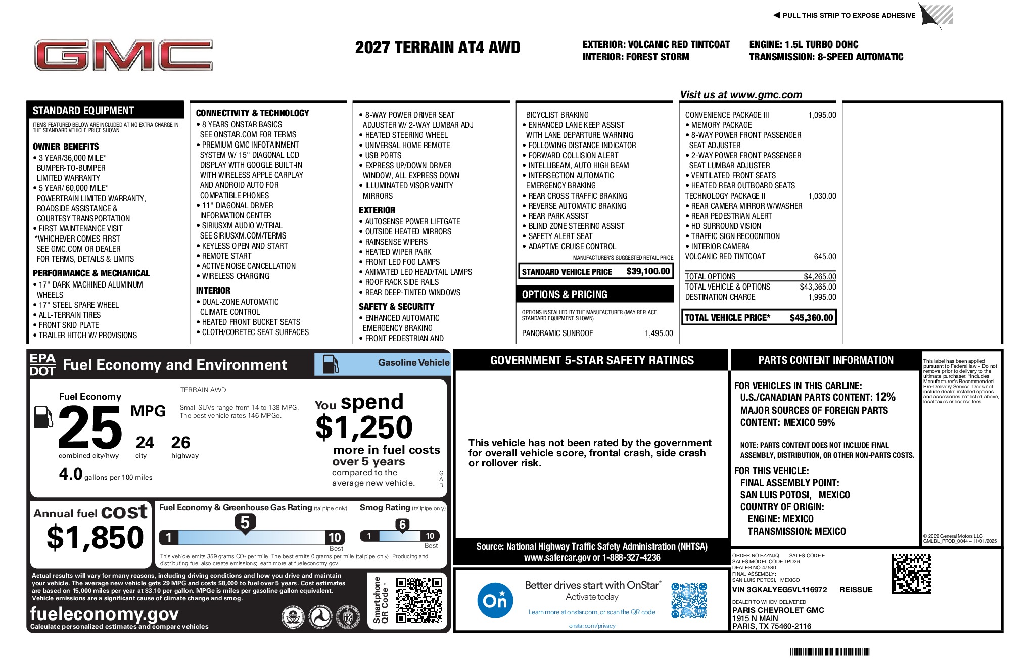 2027 GMC Terrain AT4 window sticker
