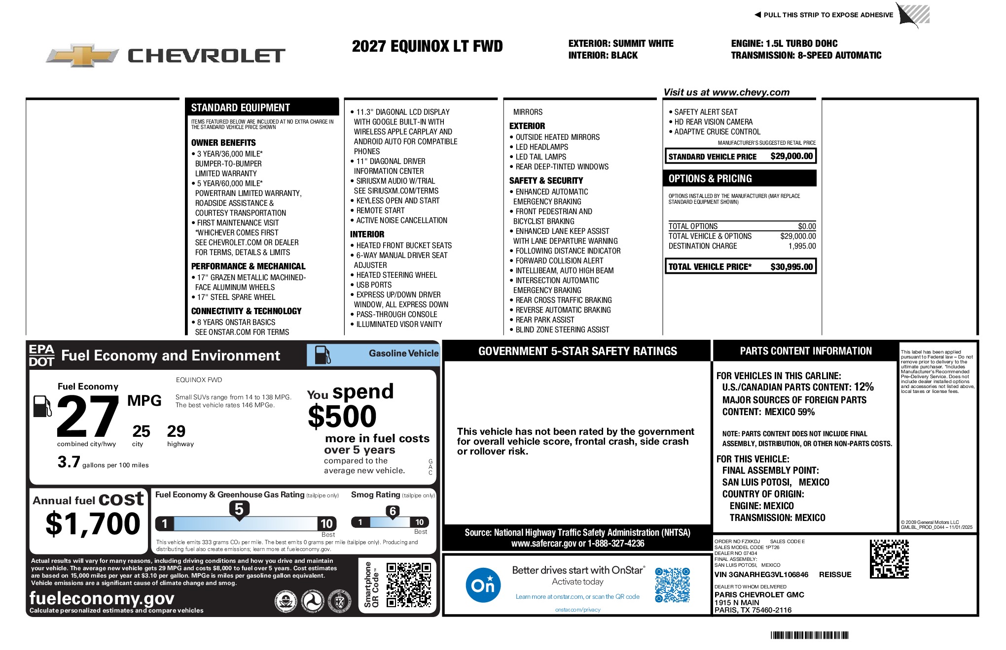 2027 Chevrolet Equinox LT window sticker