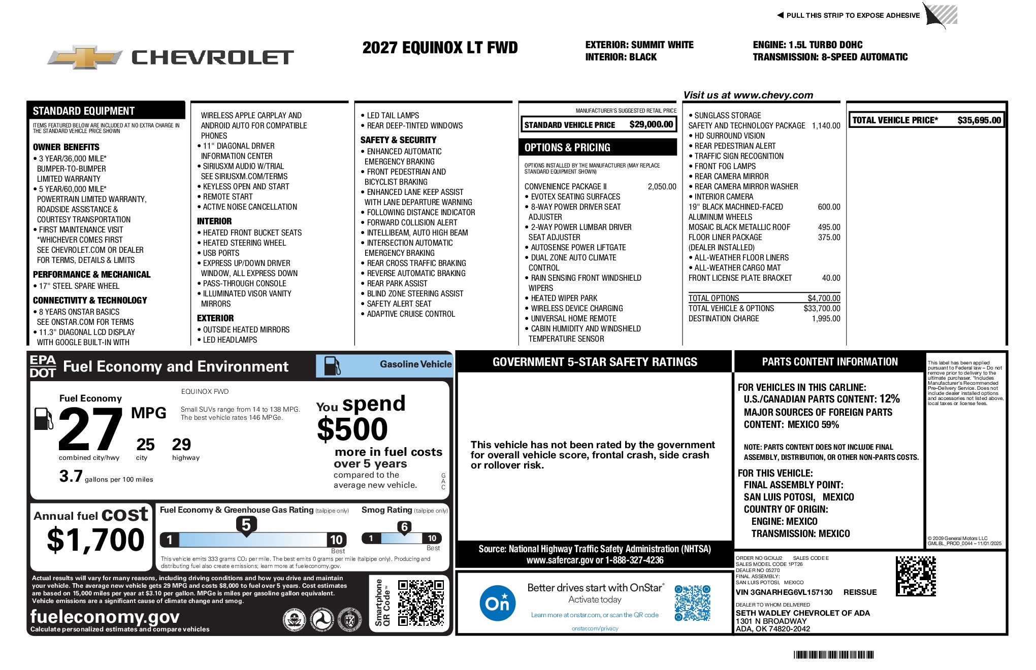 2027 Chevrolet Equinox LT window sticker