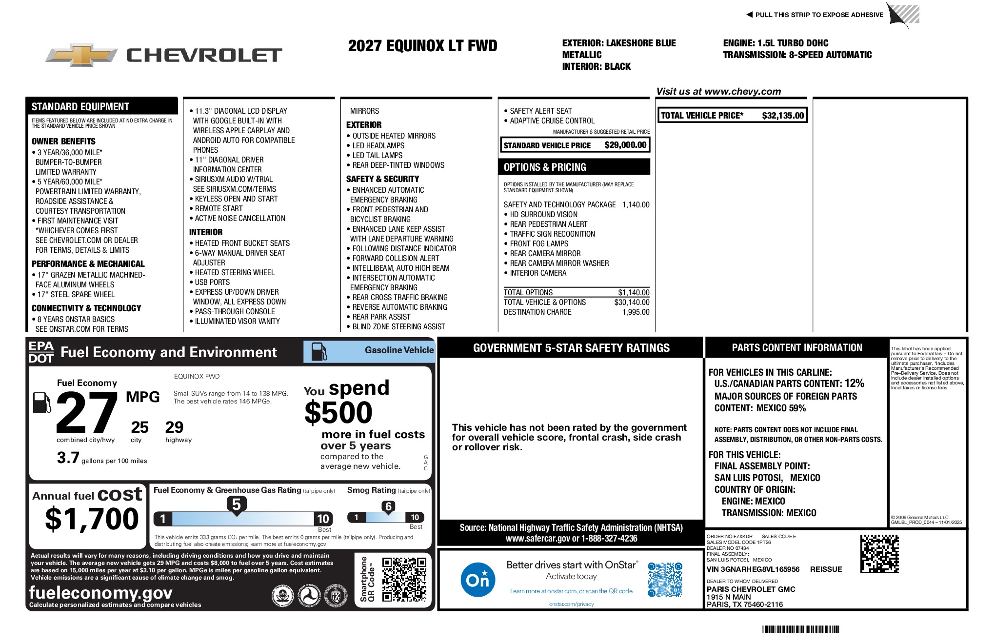 2027 Chevrolet Equinox LT window sticker