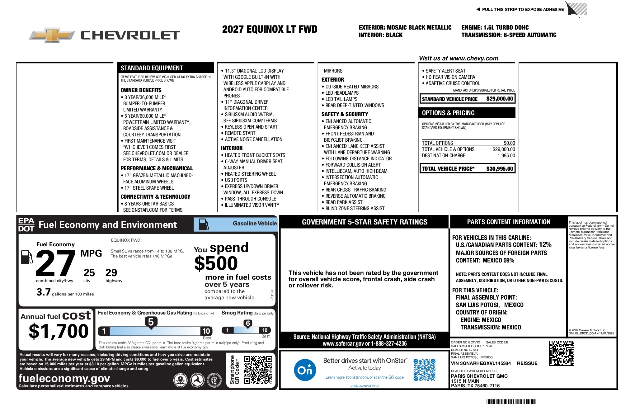 2027 Chevrolet Equinox LT window sticker