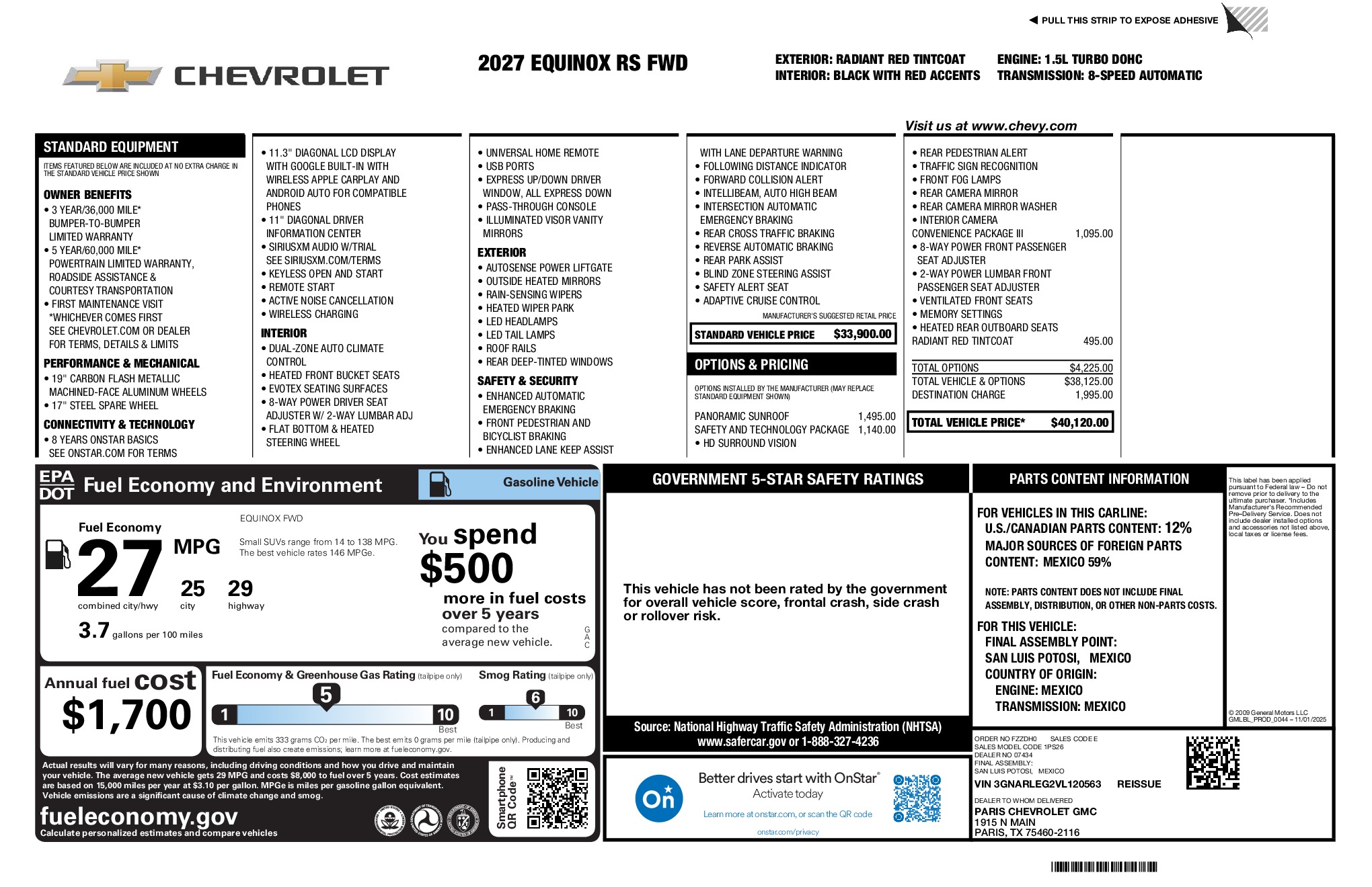 2027 Chevrolet Equinox RS window sticker