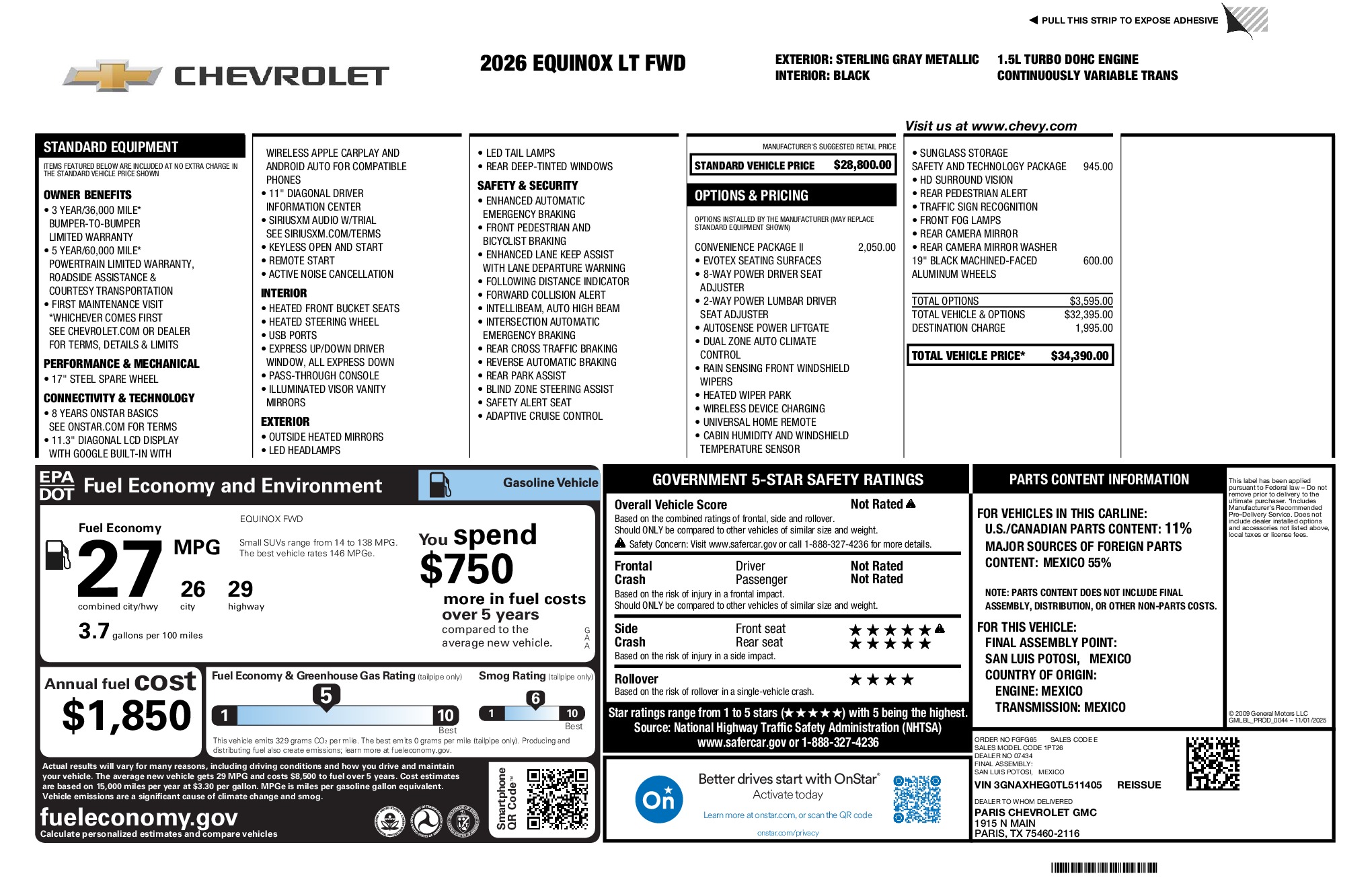 2026 Chevrolet Equinox LT window sticker