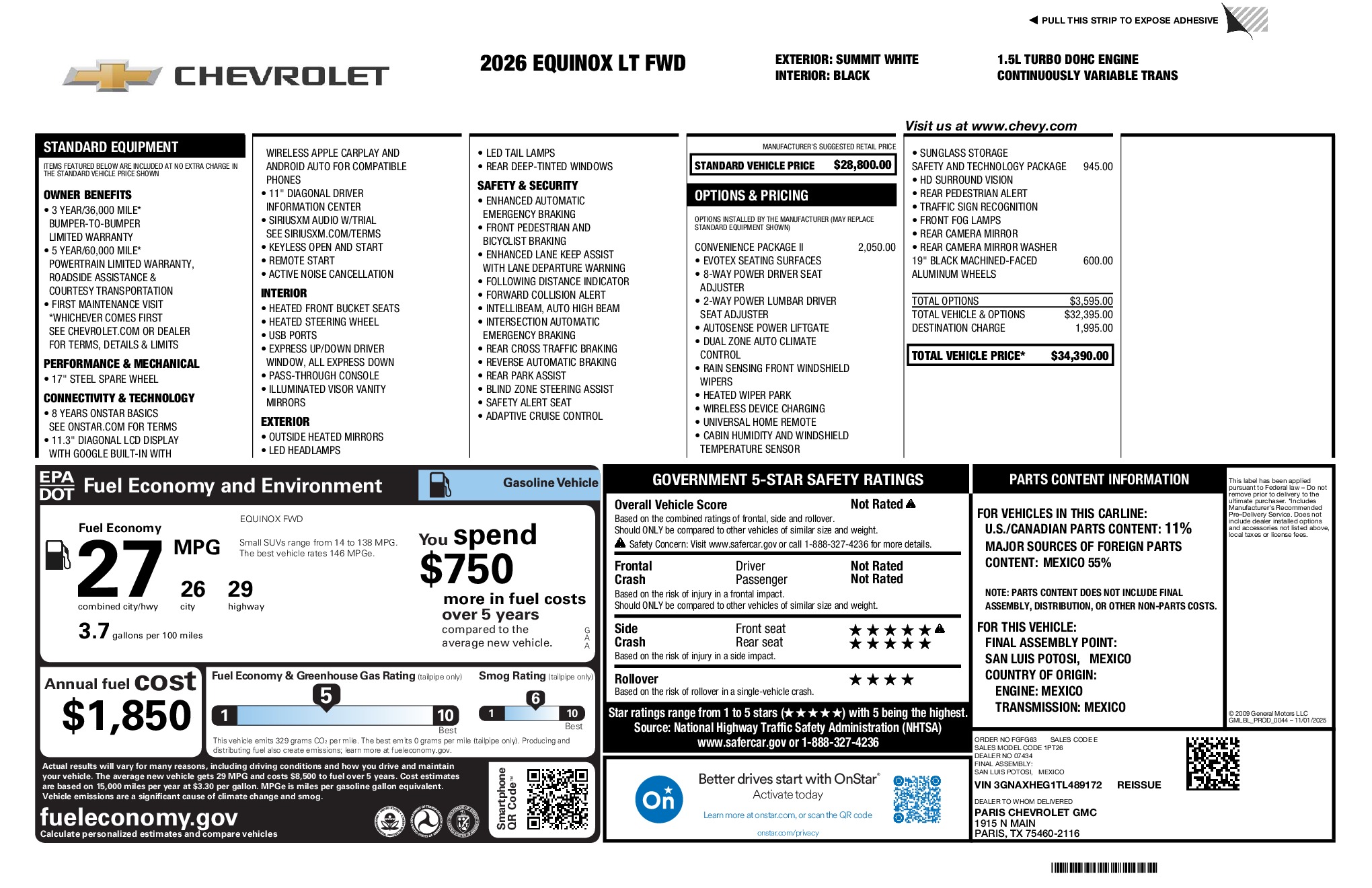2026 Chevrolet Equinox LT window sticker