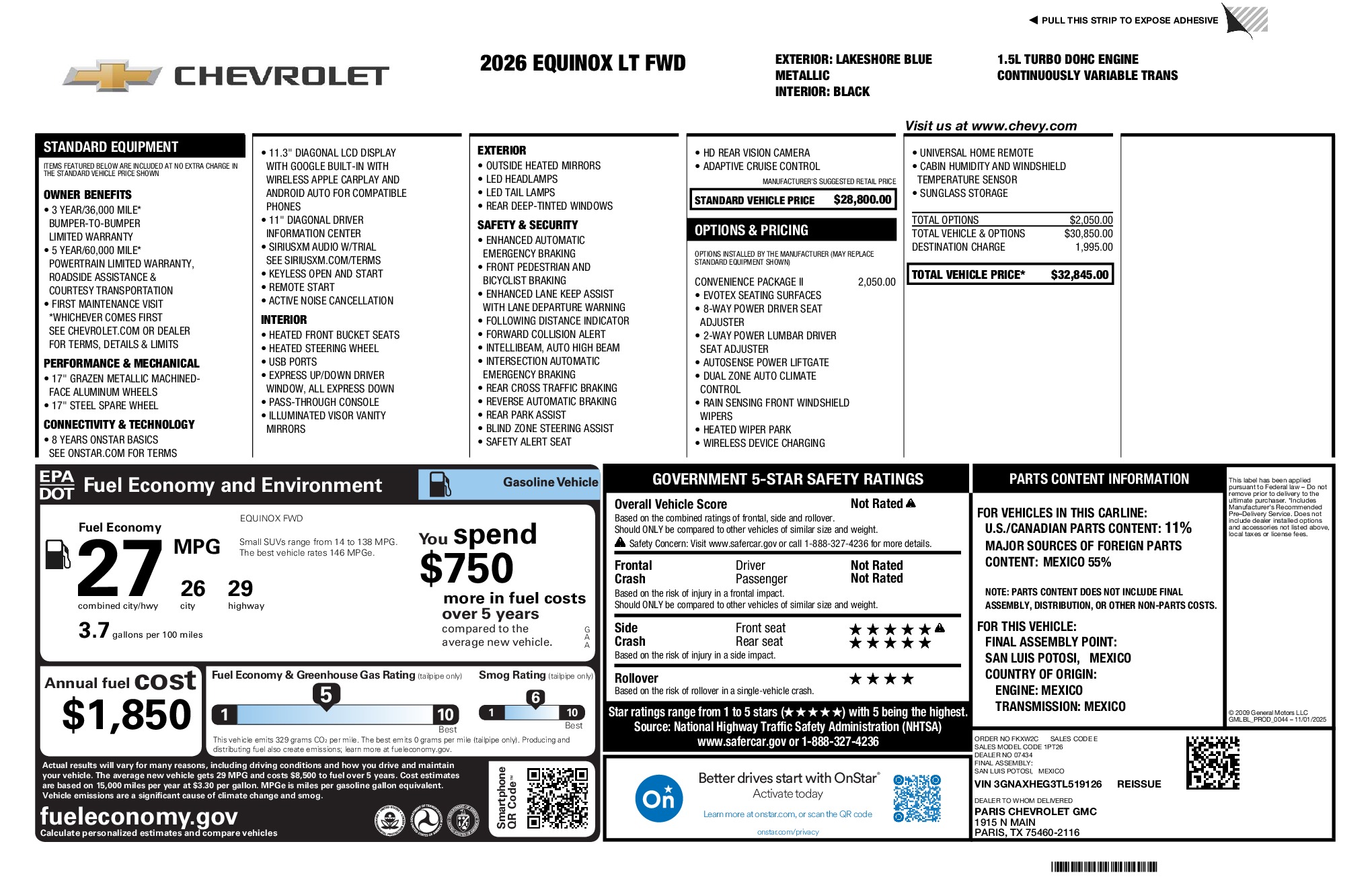 2026 Chevrolet Equinox LT window sticker