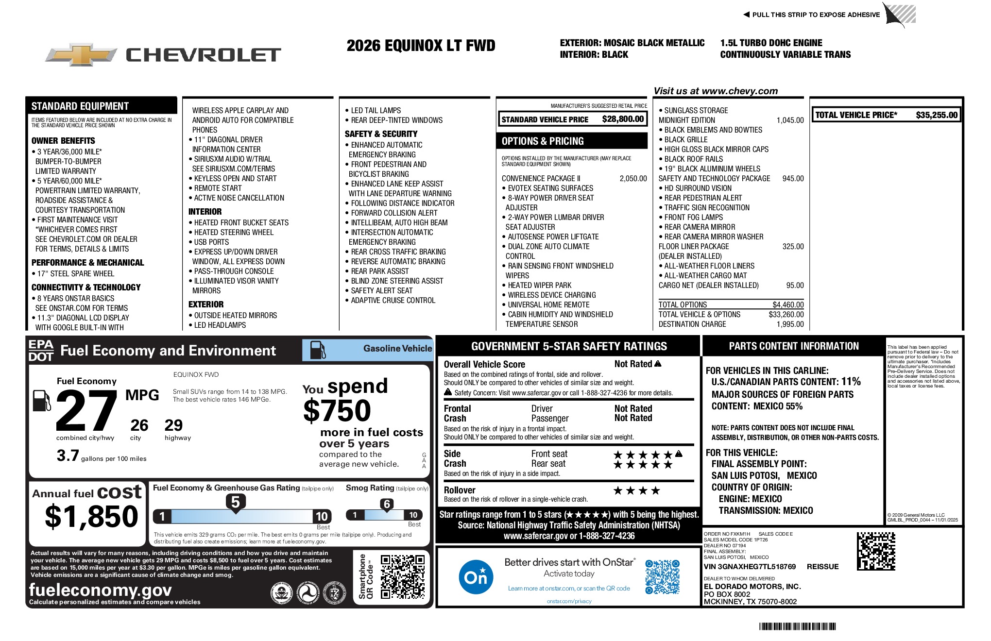 2026 Chevrolet Equinox LT window sticker