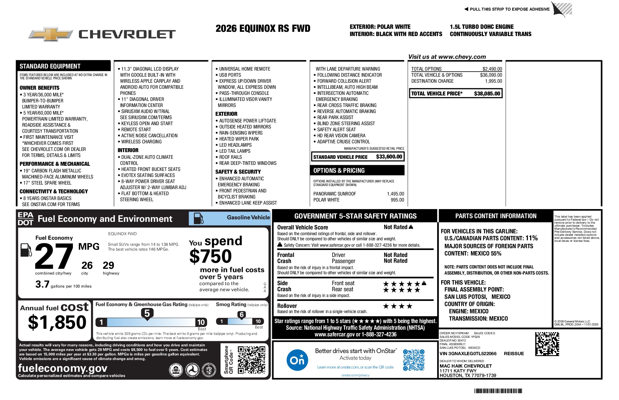 2026 Chevrolet Equinox RS window sticker