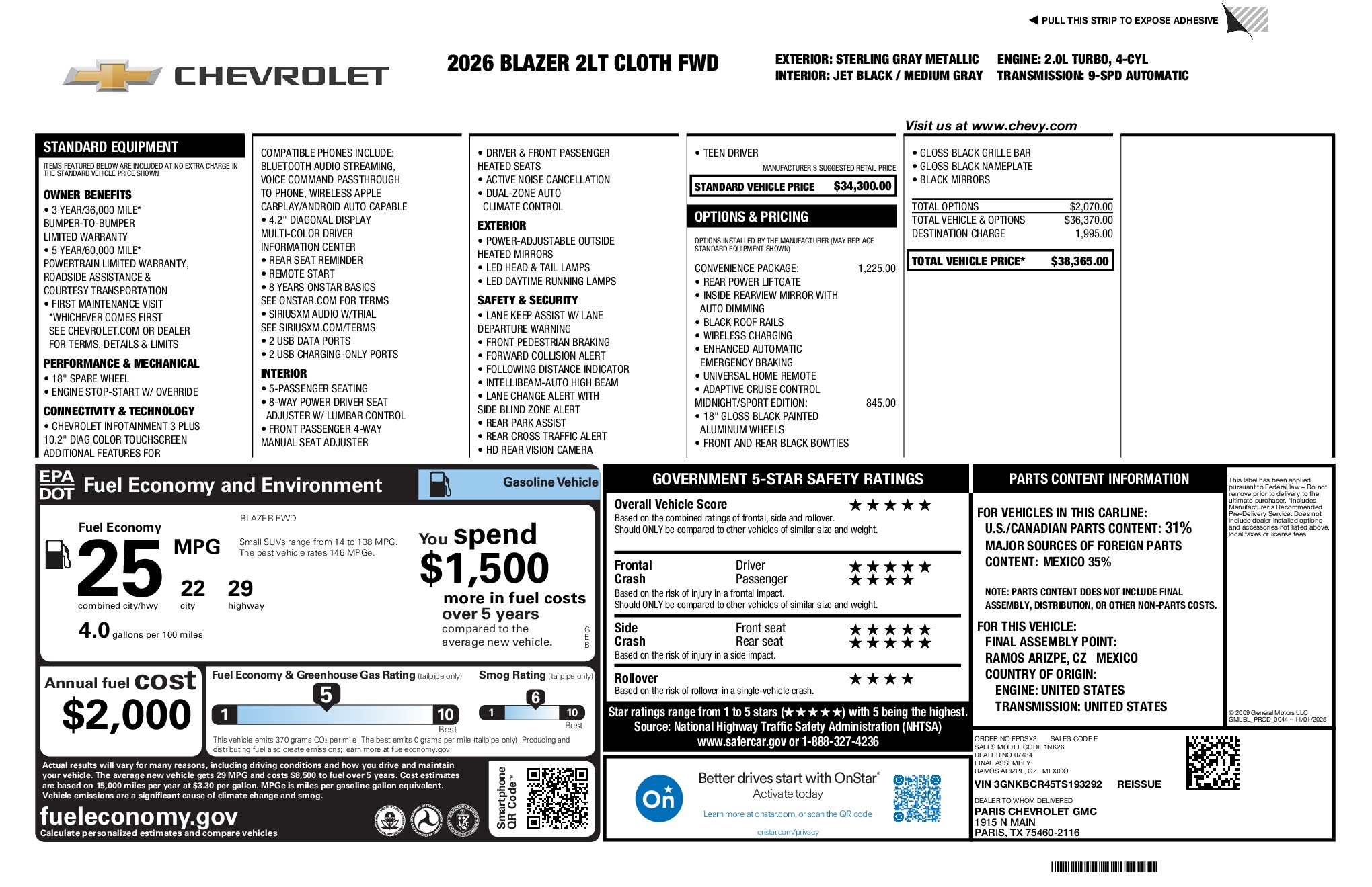 2026 Chevrolet Blazer LT window sticker