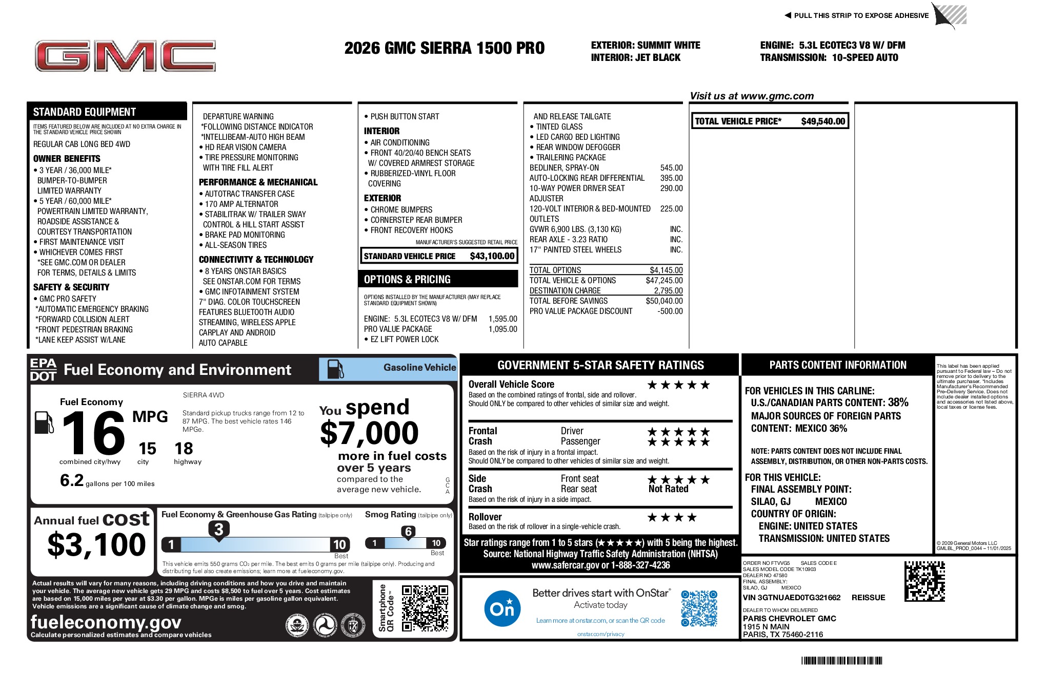 2026 GMC Sierra 1500 Pro window sticker