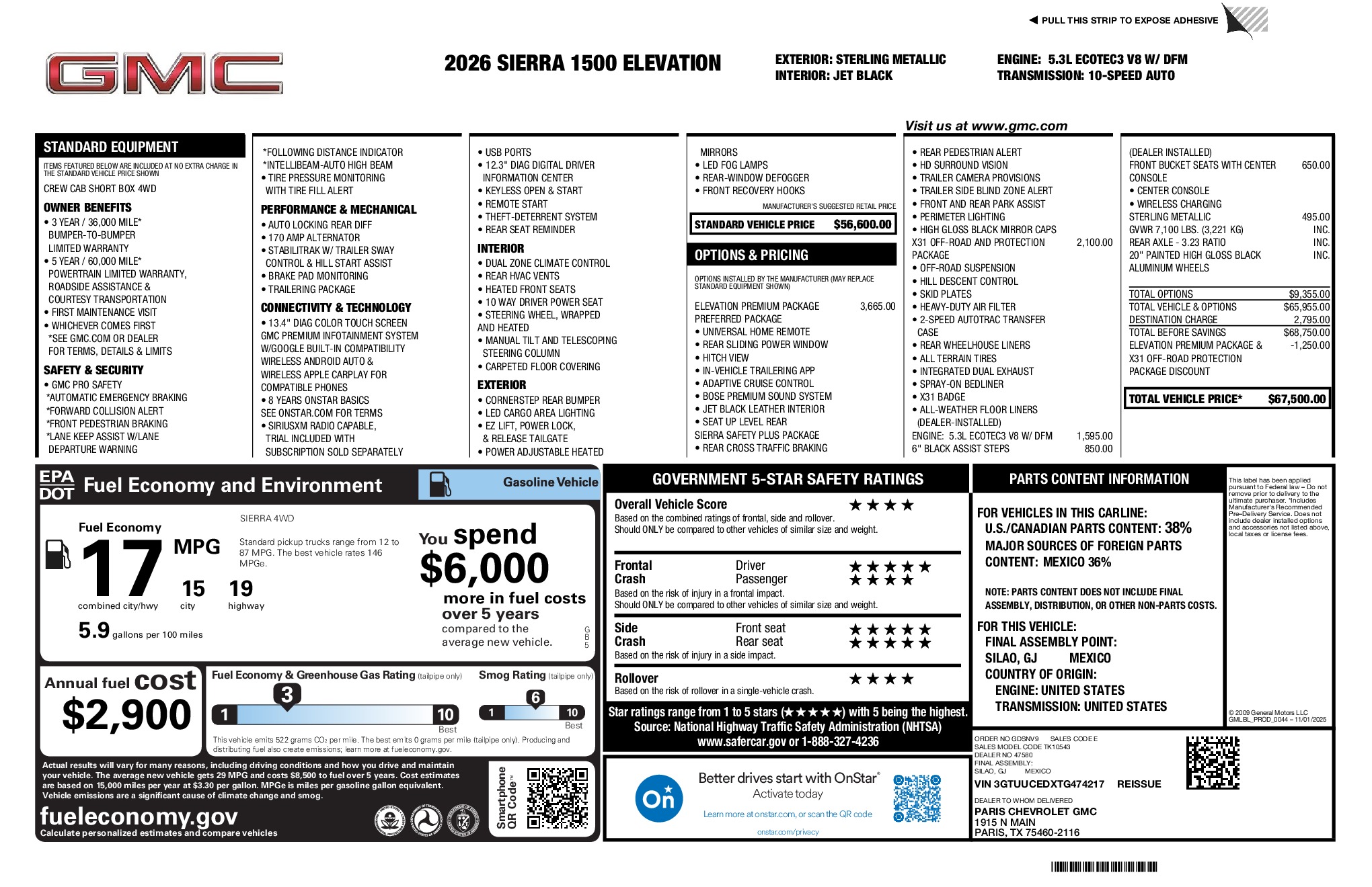 2026 GMC Sierra 1500 Elevation window sticker