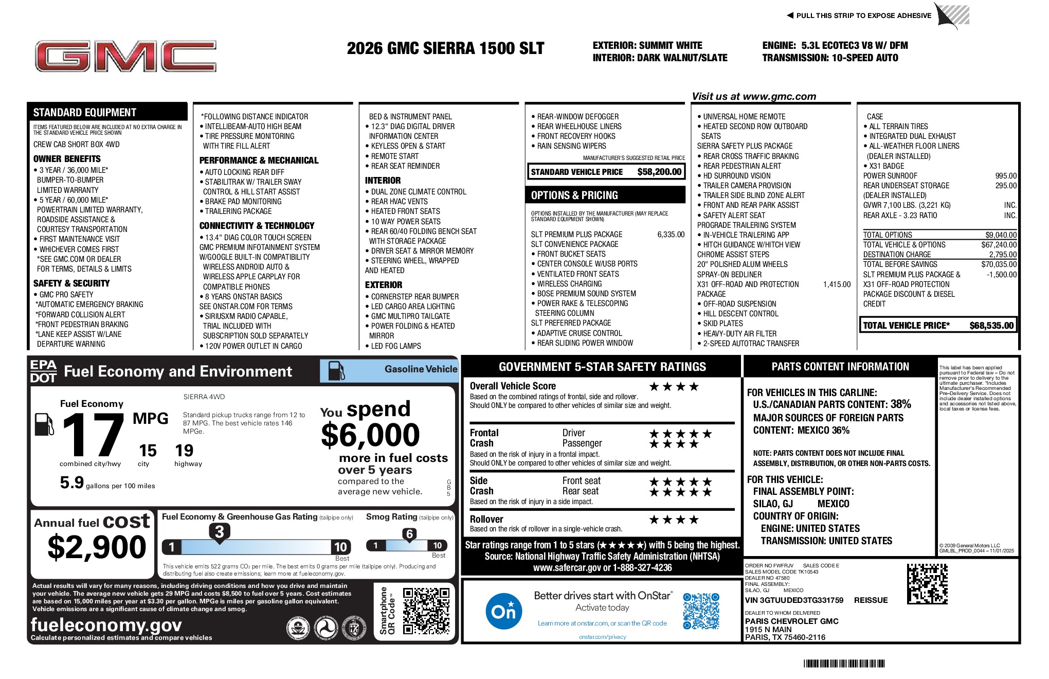 2026 GMC Sierra 1500 SLT window sticker