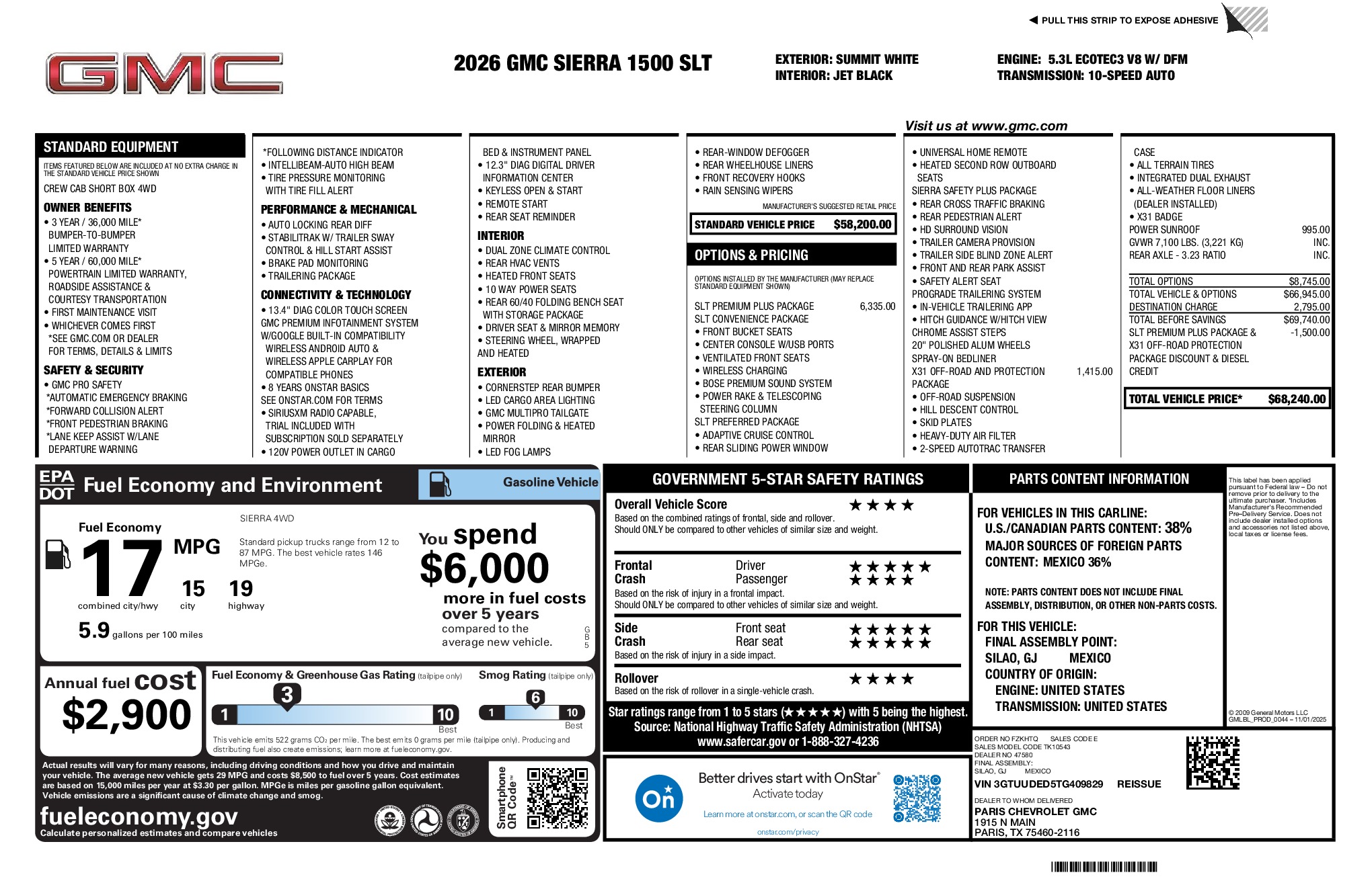 2026 GMC Sierra 1500 SLT window sticker