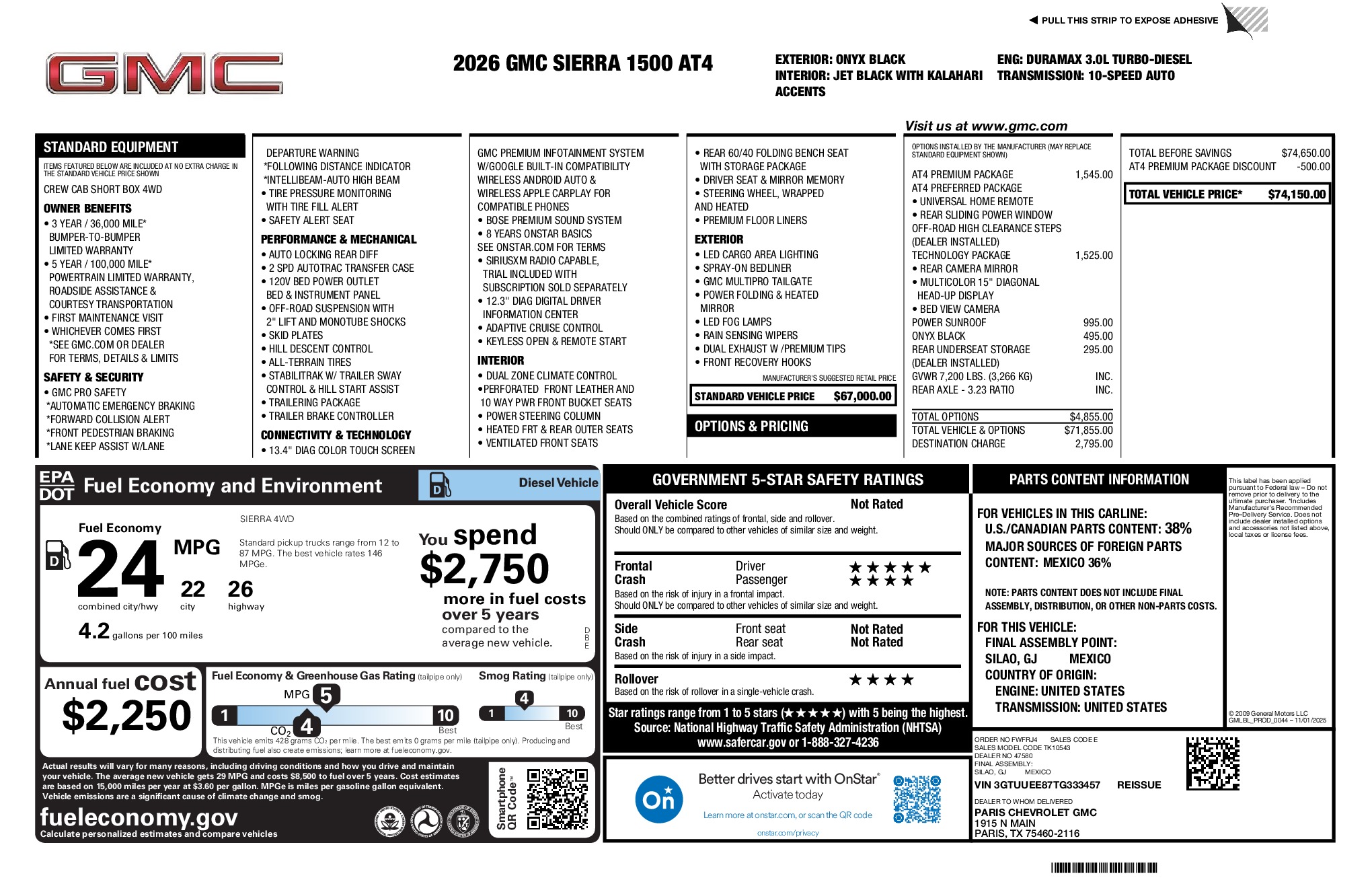 2026 GMC Sierra 1500 AT4 window sticker