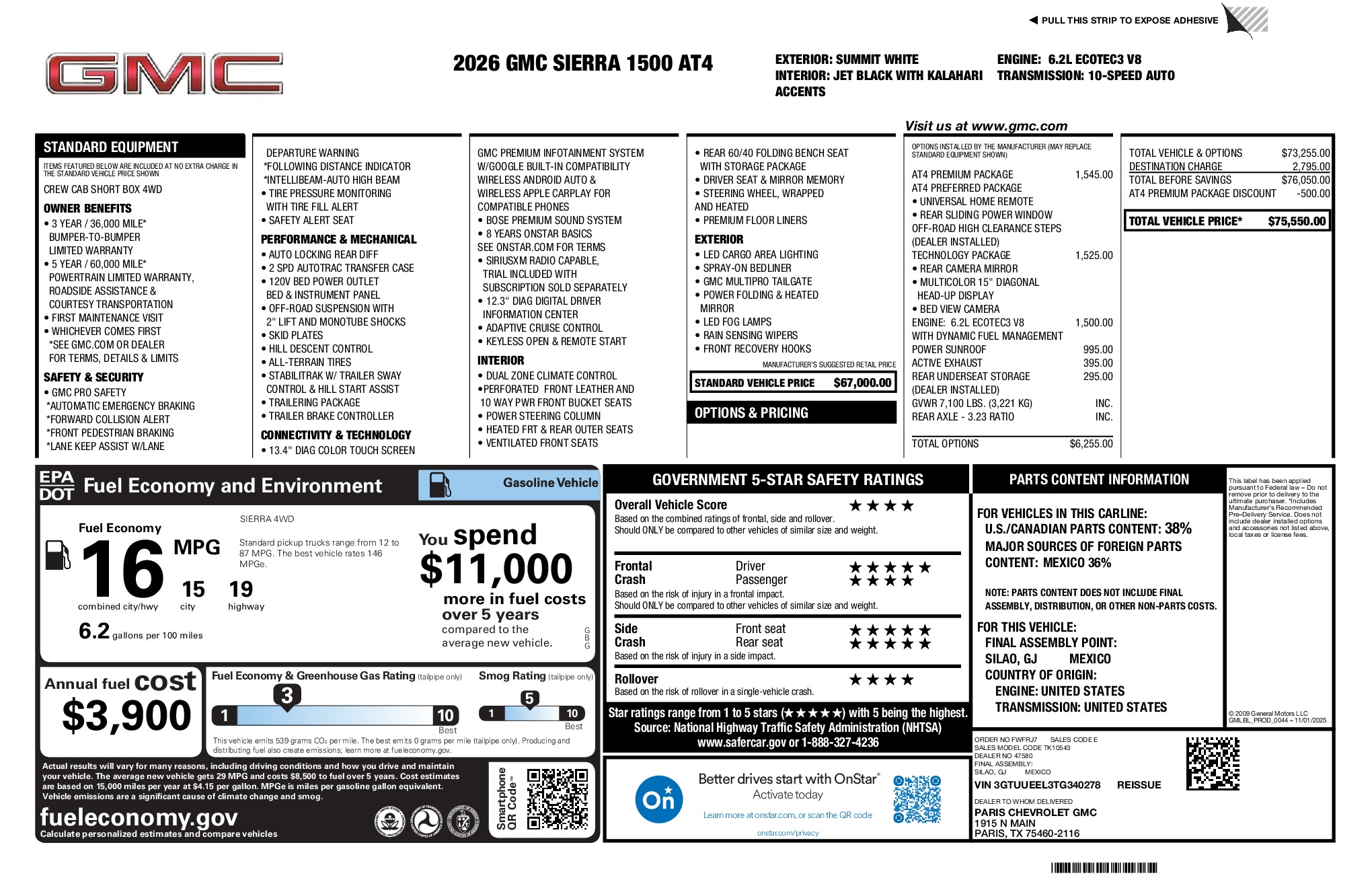 2026 GMC Sierra 1500 AT4 window sticker