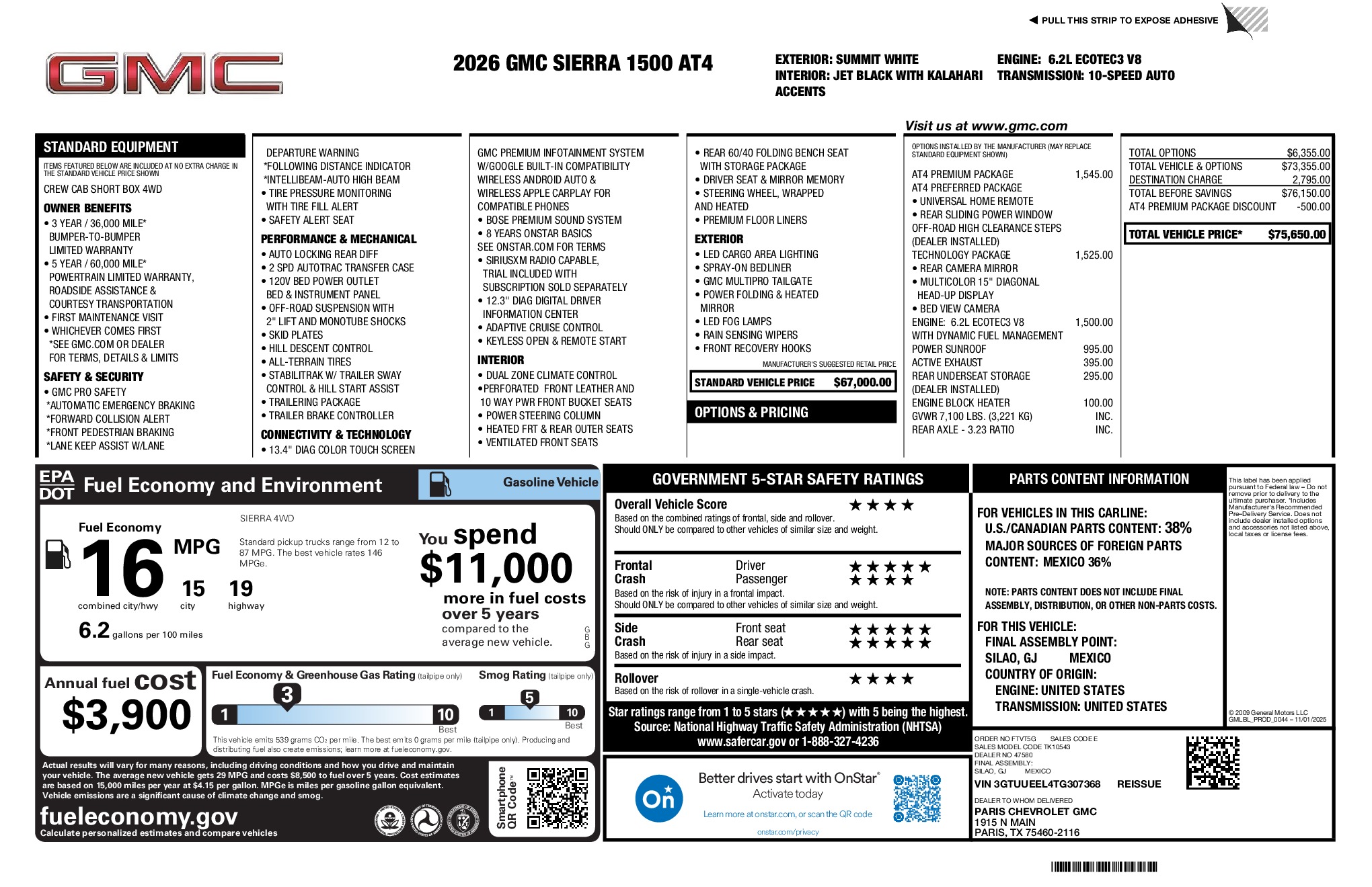 2026 GMC Sierra 1500 AT4 window sticker
