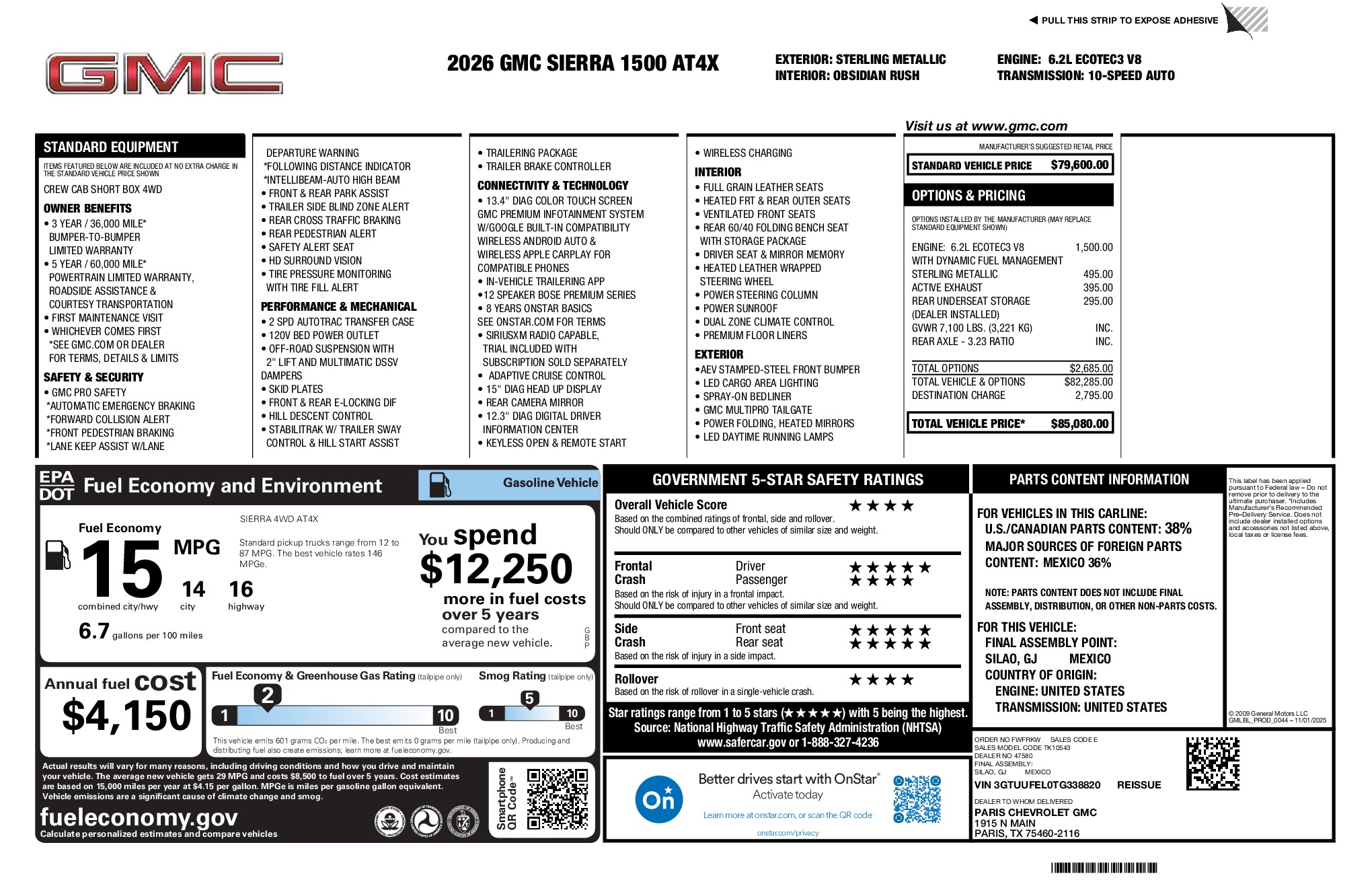2026 GMC Sierra 1500 AT4X window sticker