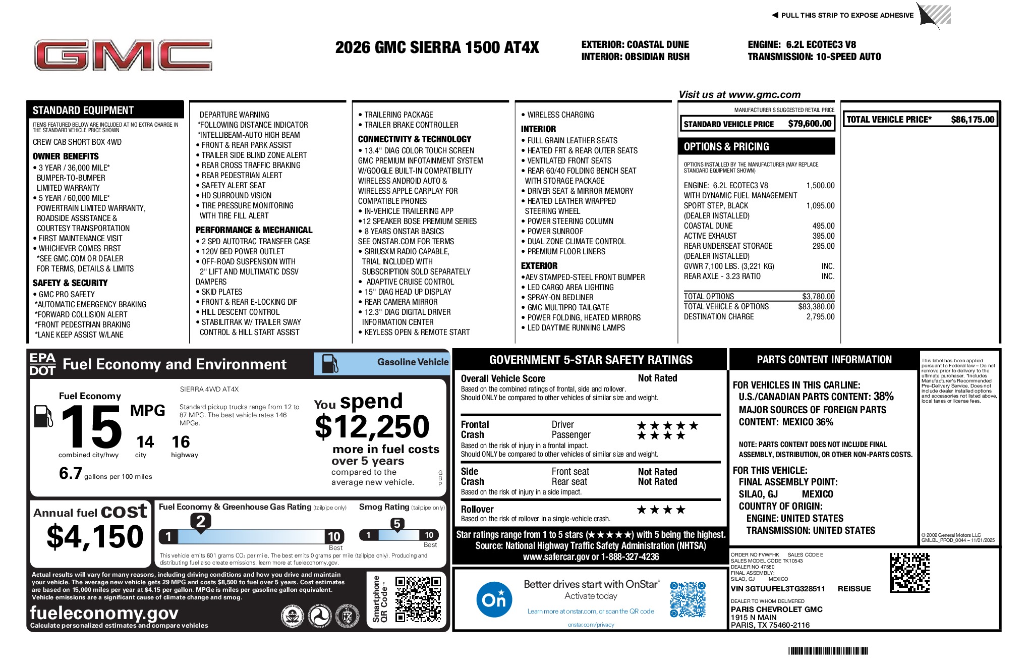 2026 GMC Sierra 1500 AT4X window sticker