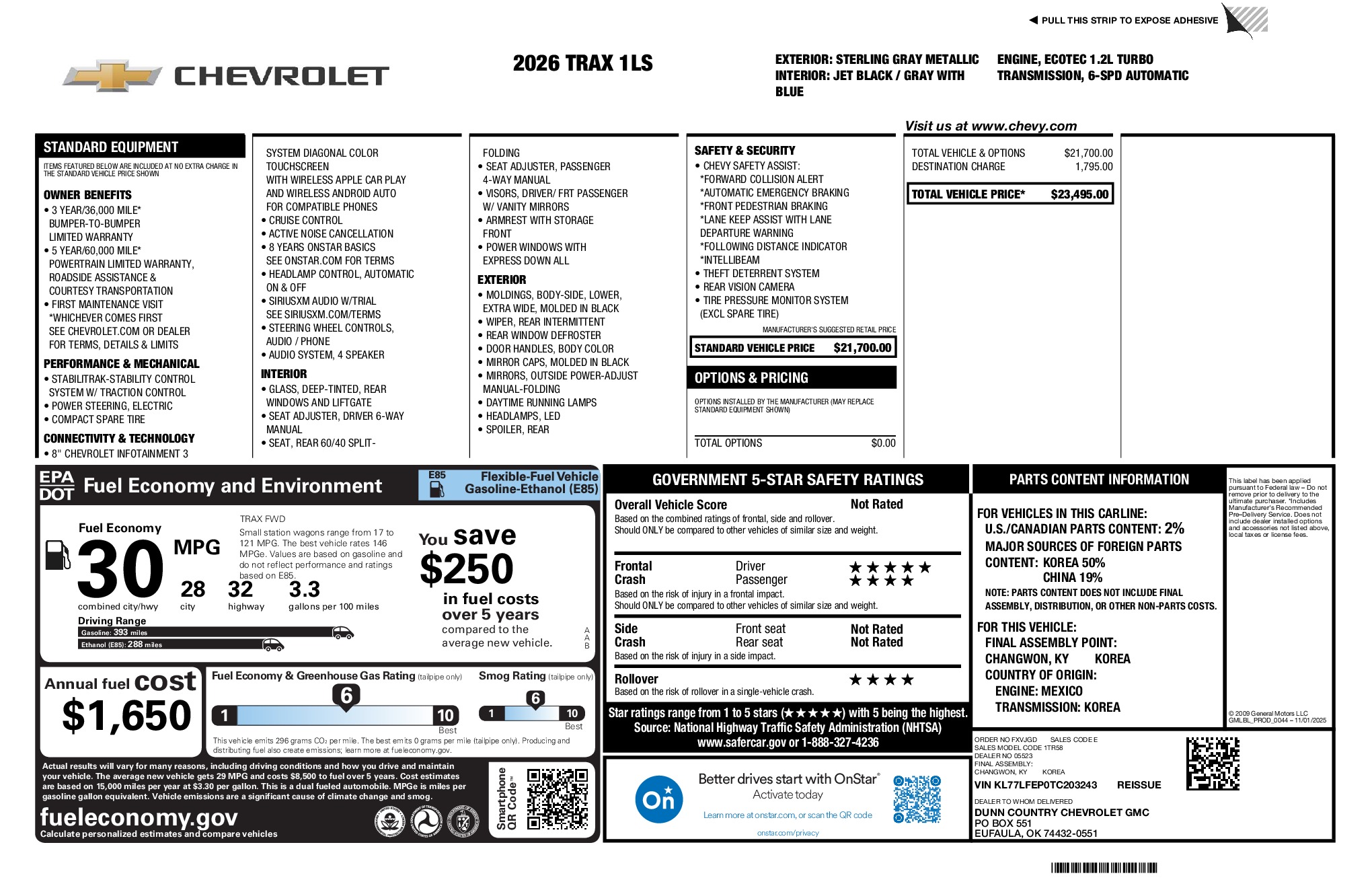 2026 Chevrolet Trax LS window sticker