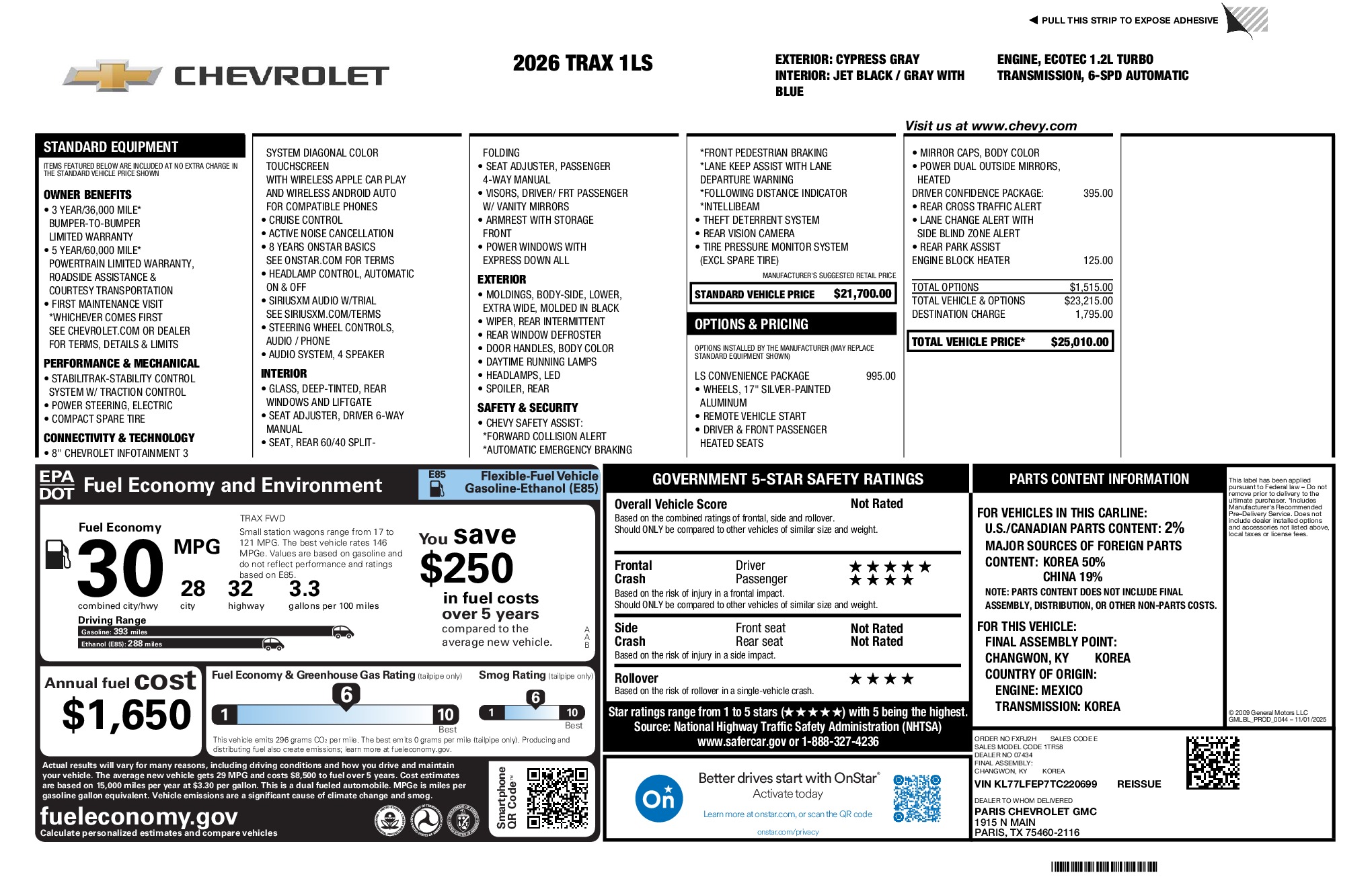 2026 Chevrolet Trax LS window sticker