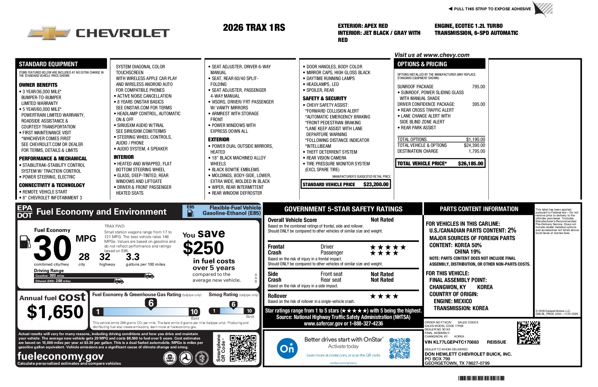 2026 Chevrolet Trax 1RS window sticker