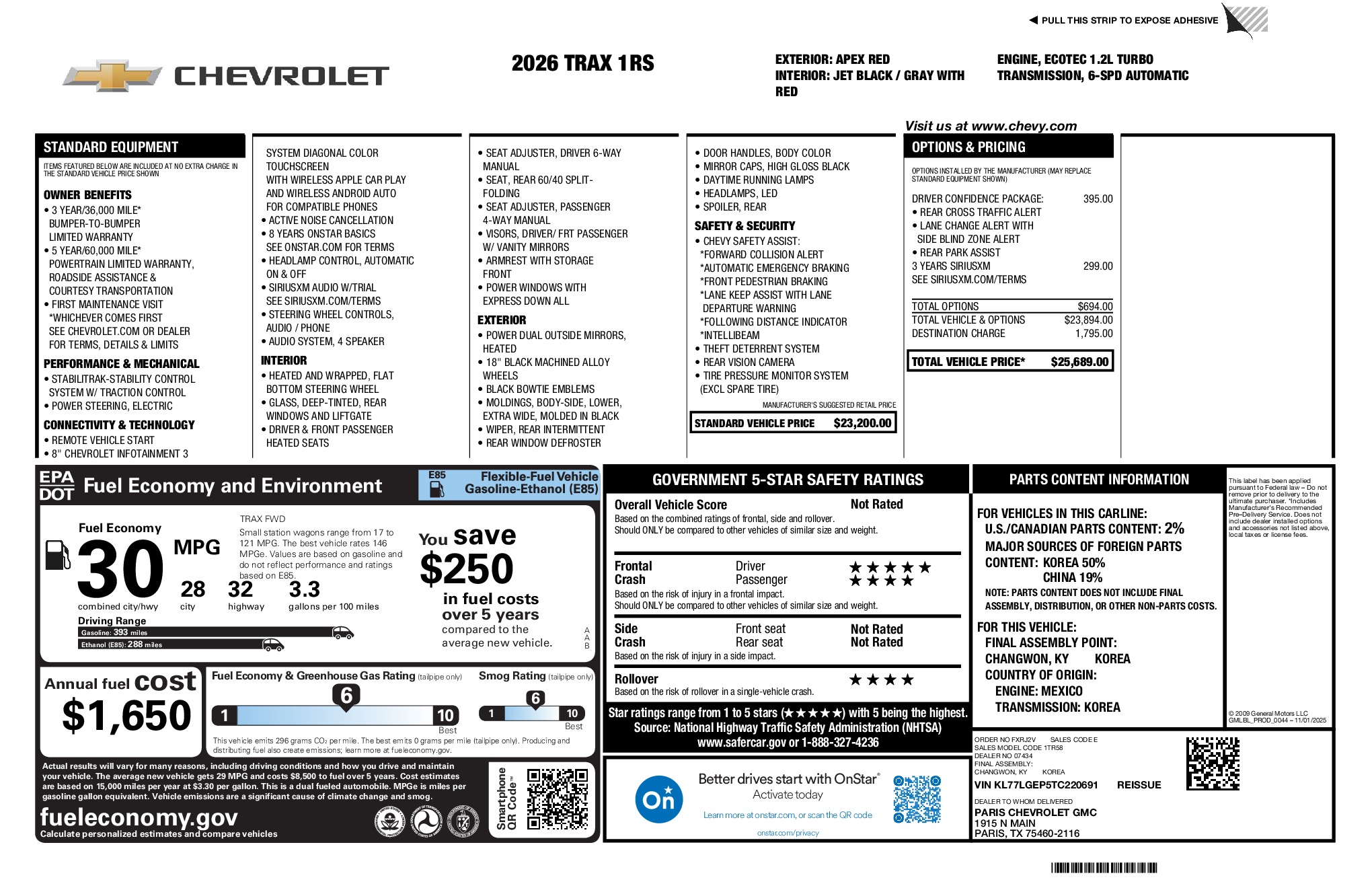 2026 Chevrolet Trax 1RS window sticker