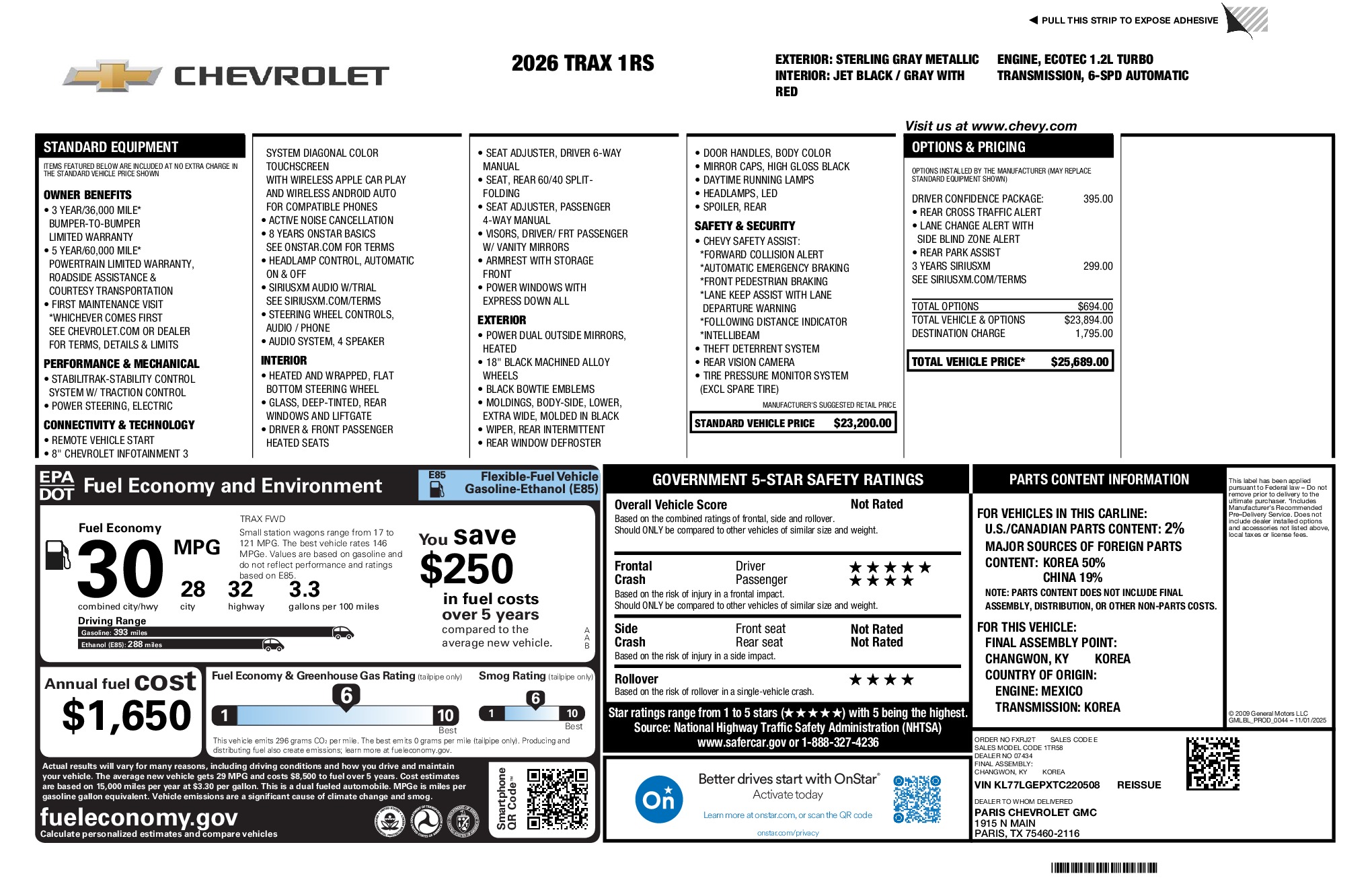 2026 Chevrolet Trax 1RS window sticker