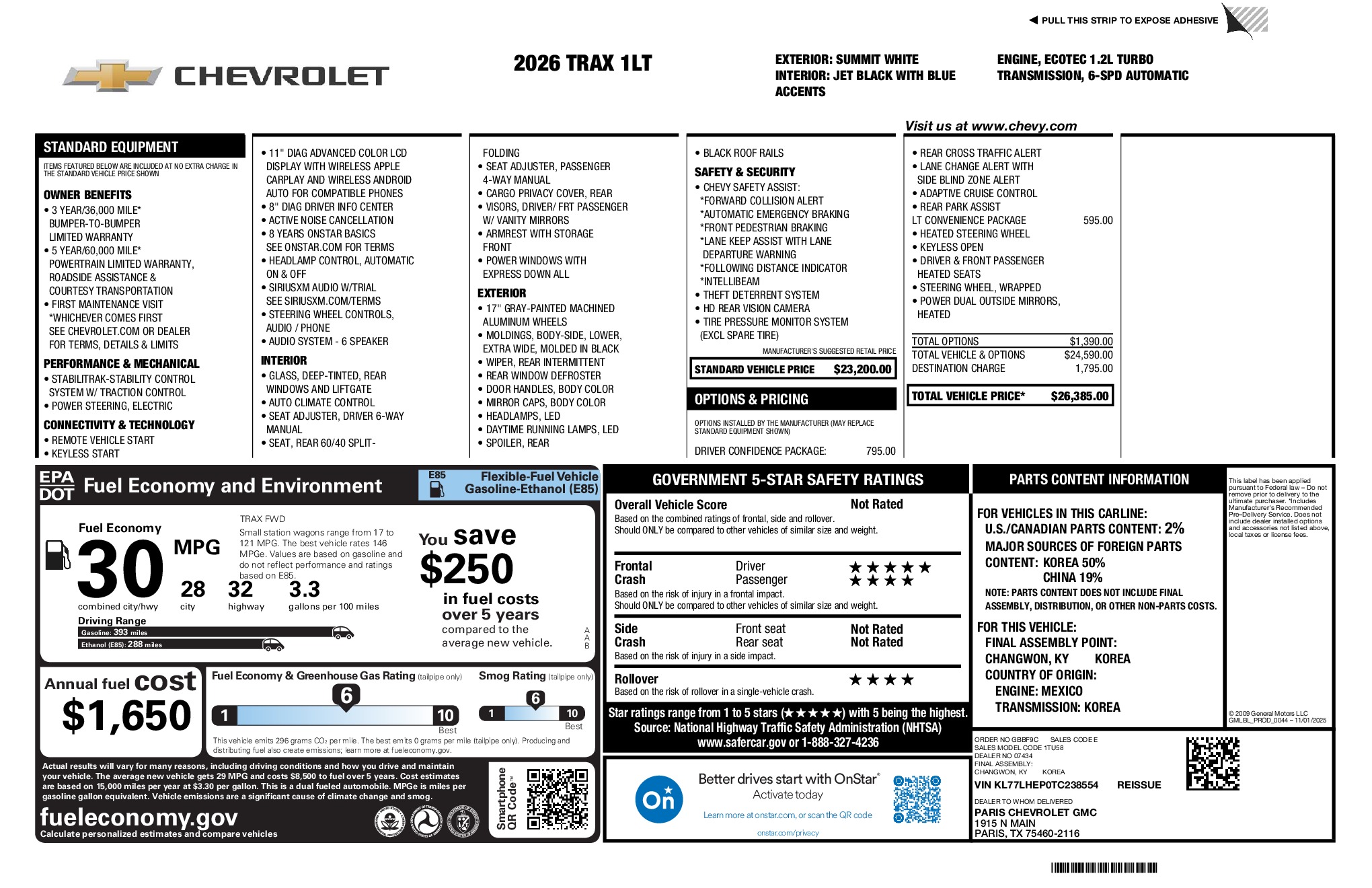 2026 Chevrolet Trax LT window sticker