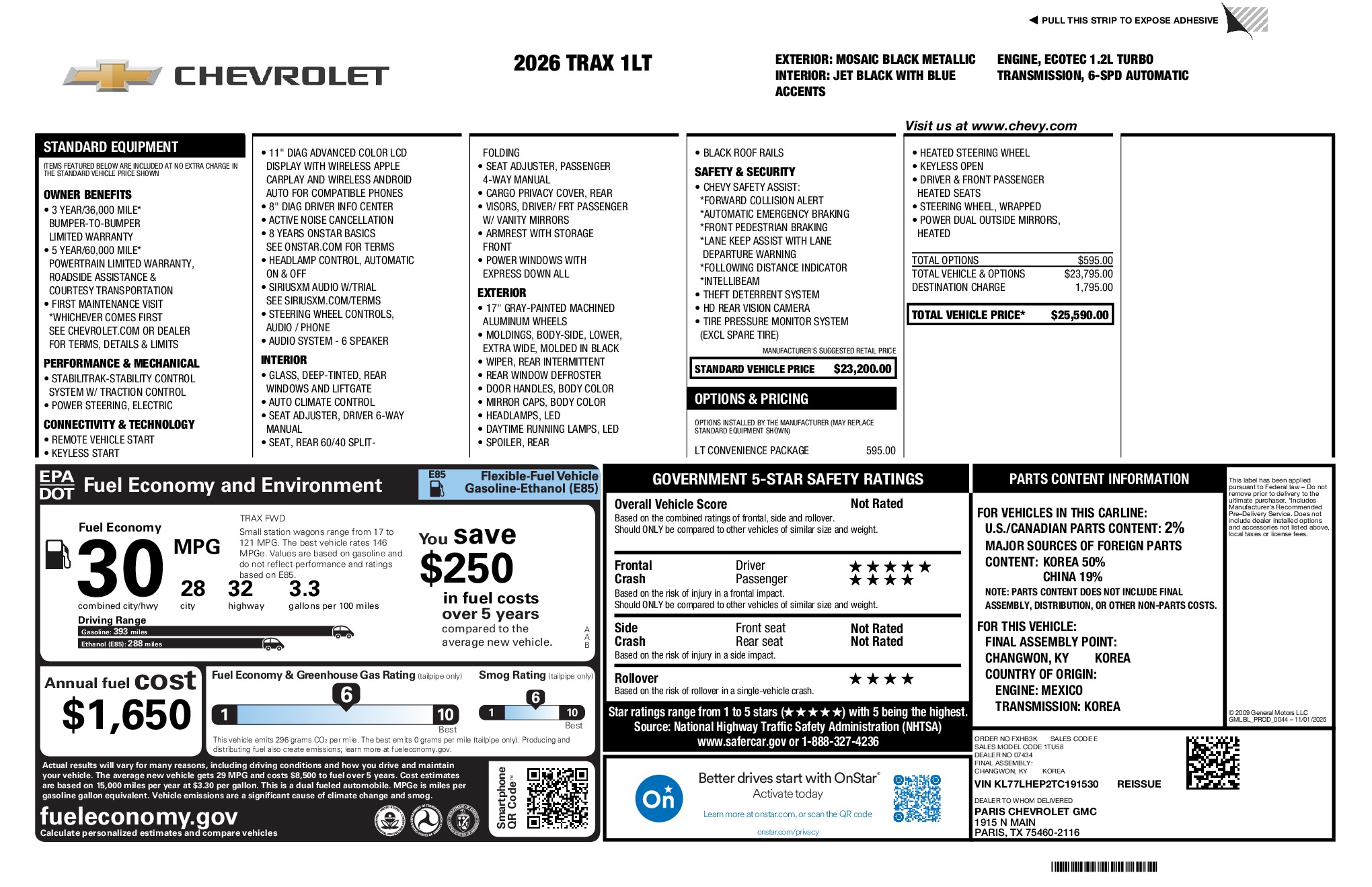 2026 Chevrolet Trax LT window sticker