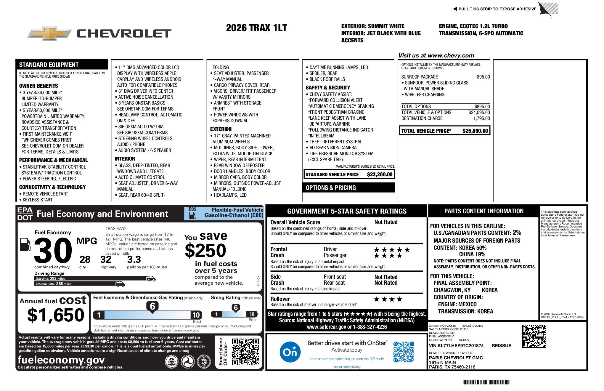 2026 Chevrolet Trax LT window sticker